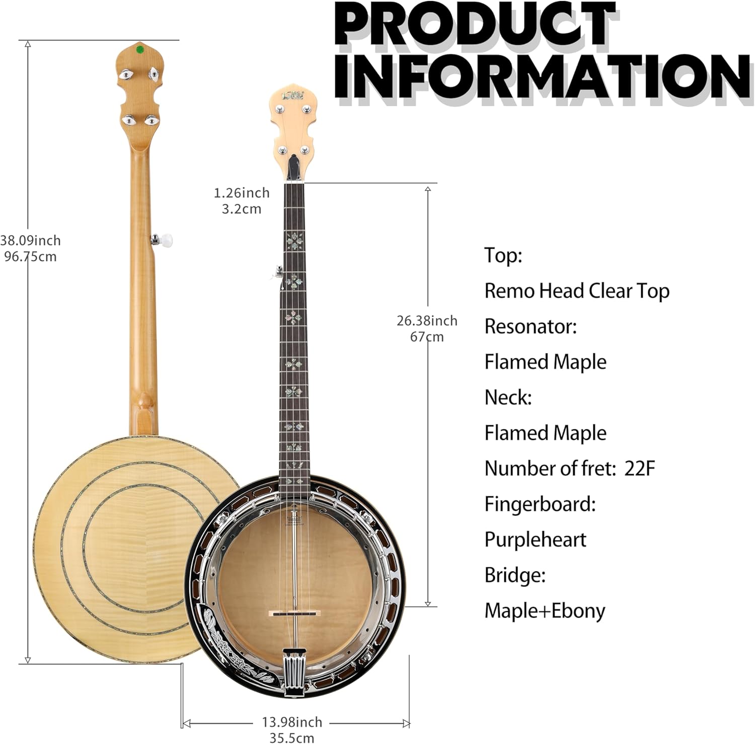 5 String Full Size Banjo Solid Back Remo Head Coated Top Flamed Maple Body Material Flamed Maple Back Material Type Flamed Maple Neck Material Type