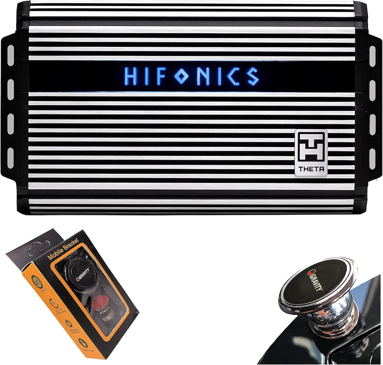 Hifonics ZTH-1525.1D Zeus Theta Compact Mono Channel Car Audio Amplifier (Silver) – Class D Amp, 1500-Watt Built-in Bass Control, Bass Remote Included with Gravity Phone Holder Bundle