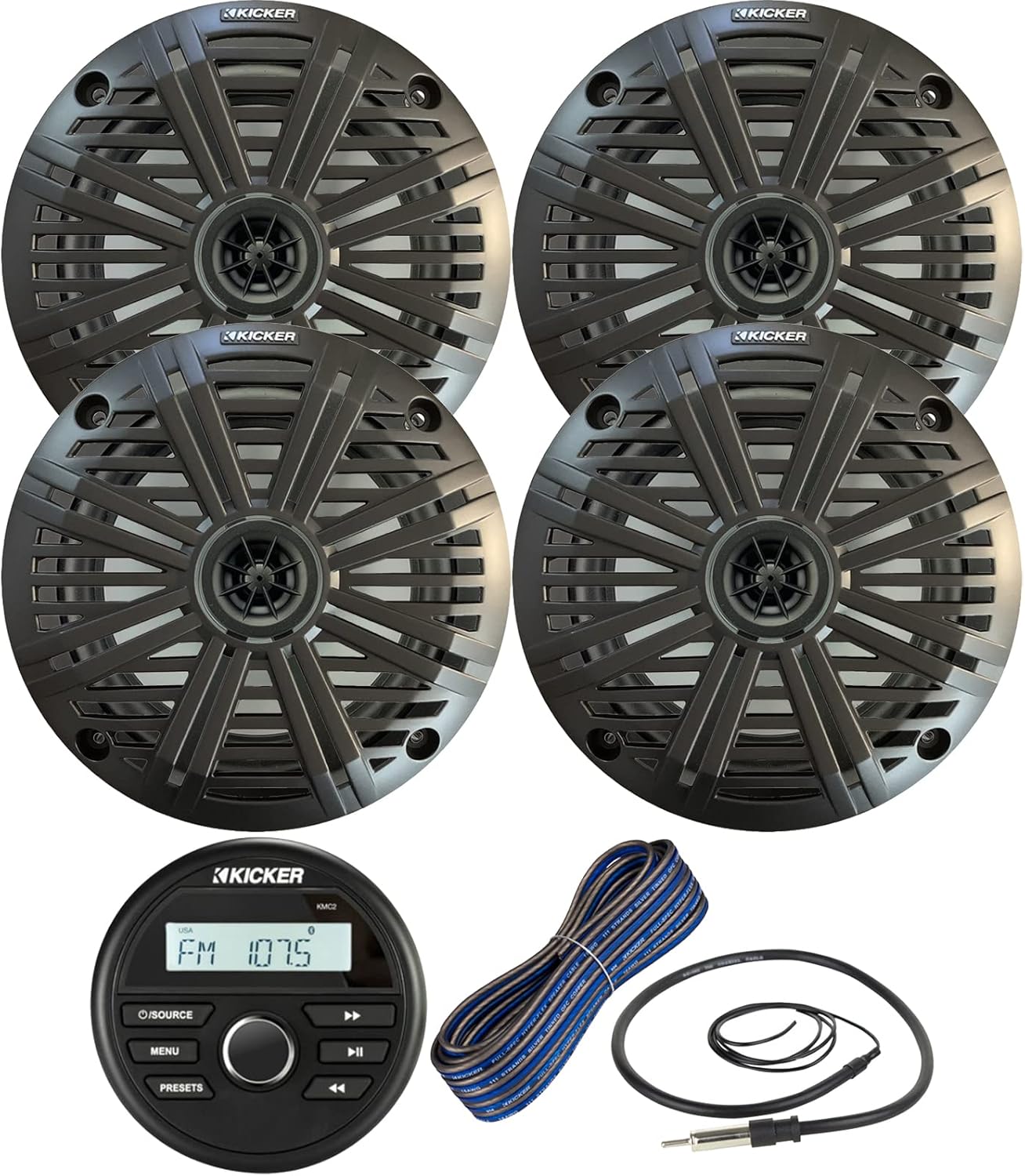 Kicker All-Weather Marine Gauge Style Bluetooth USB Stereo Receiver Bundle Combo with 2 Pair (Qty 4) 6.5