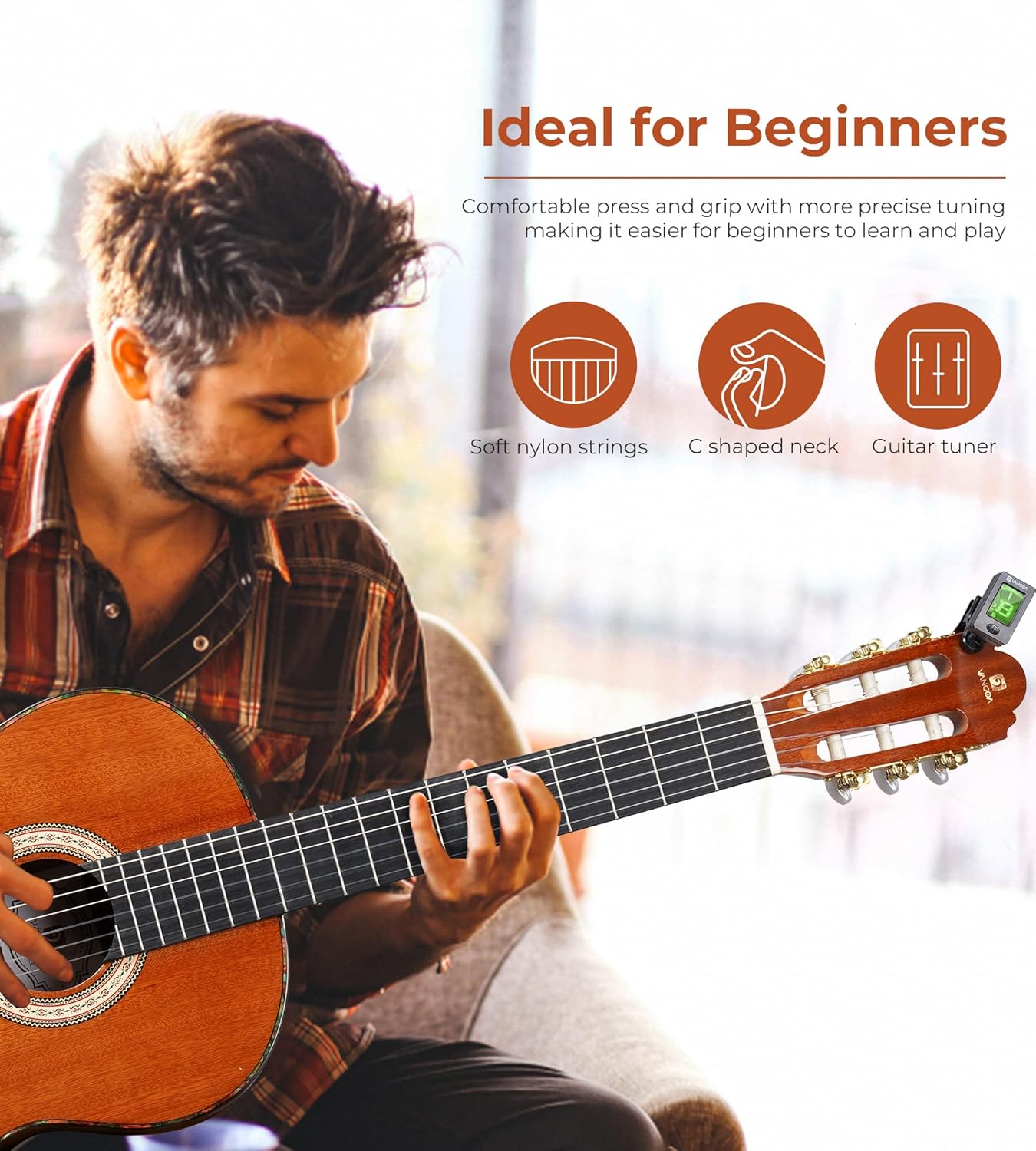 Classical Guitar 4/4, 39 Inch Full Size Nylon String Guitar for Beginner Adults, Guitar Bundle with Gig Bag & Footstool, Sapele Brown, by Vangoa