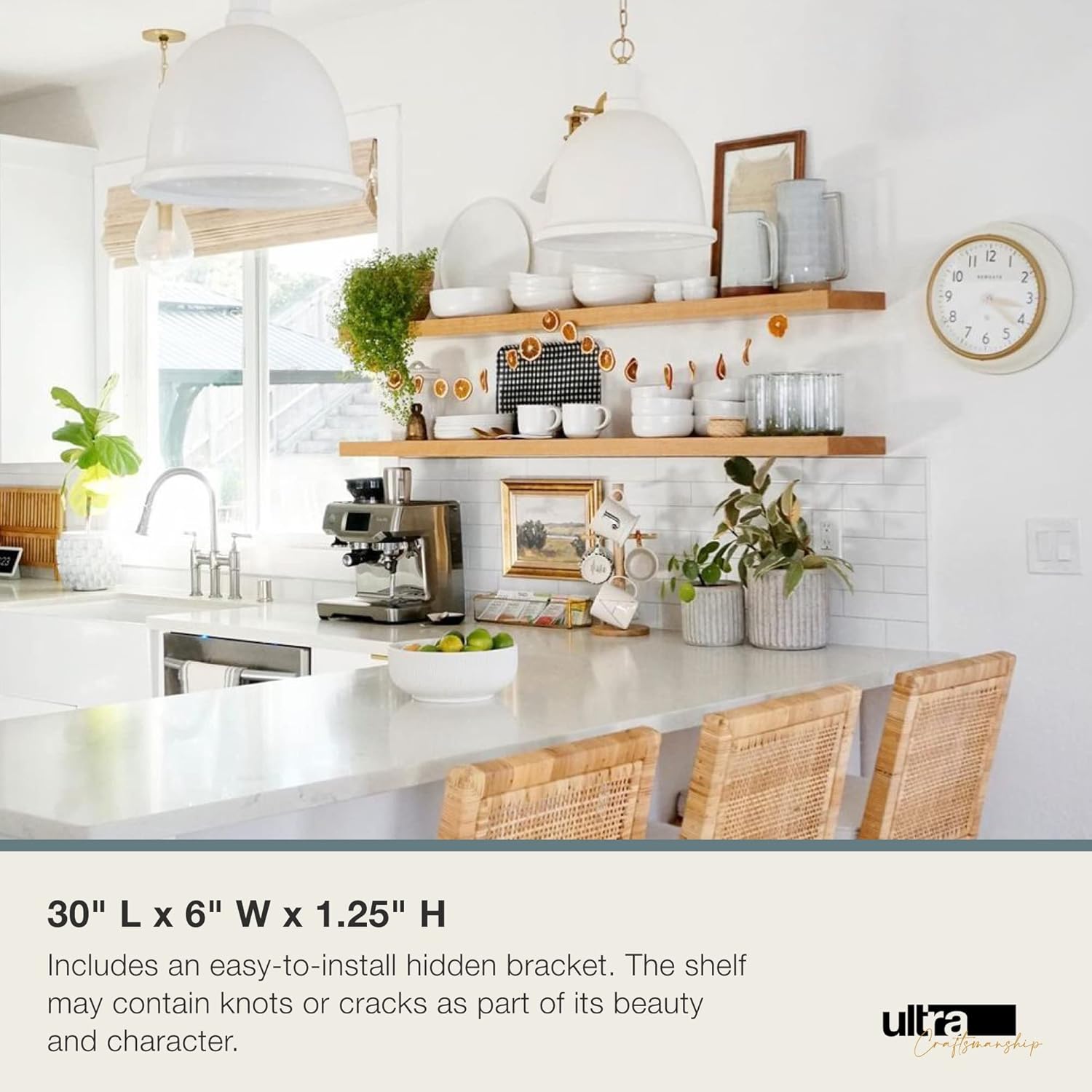 UltraShelf Solid Wood Floating Shelf for Wall Decor, White Oak, 30