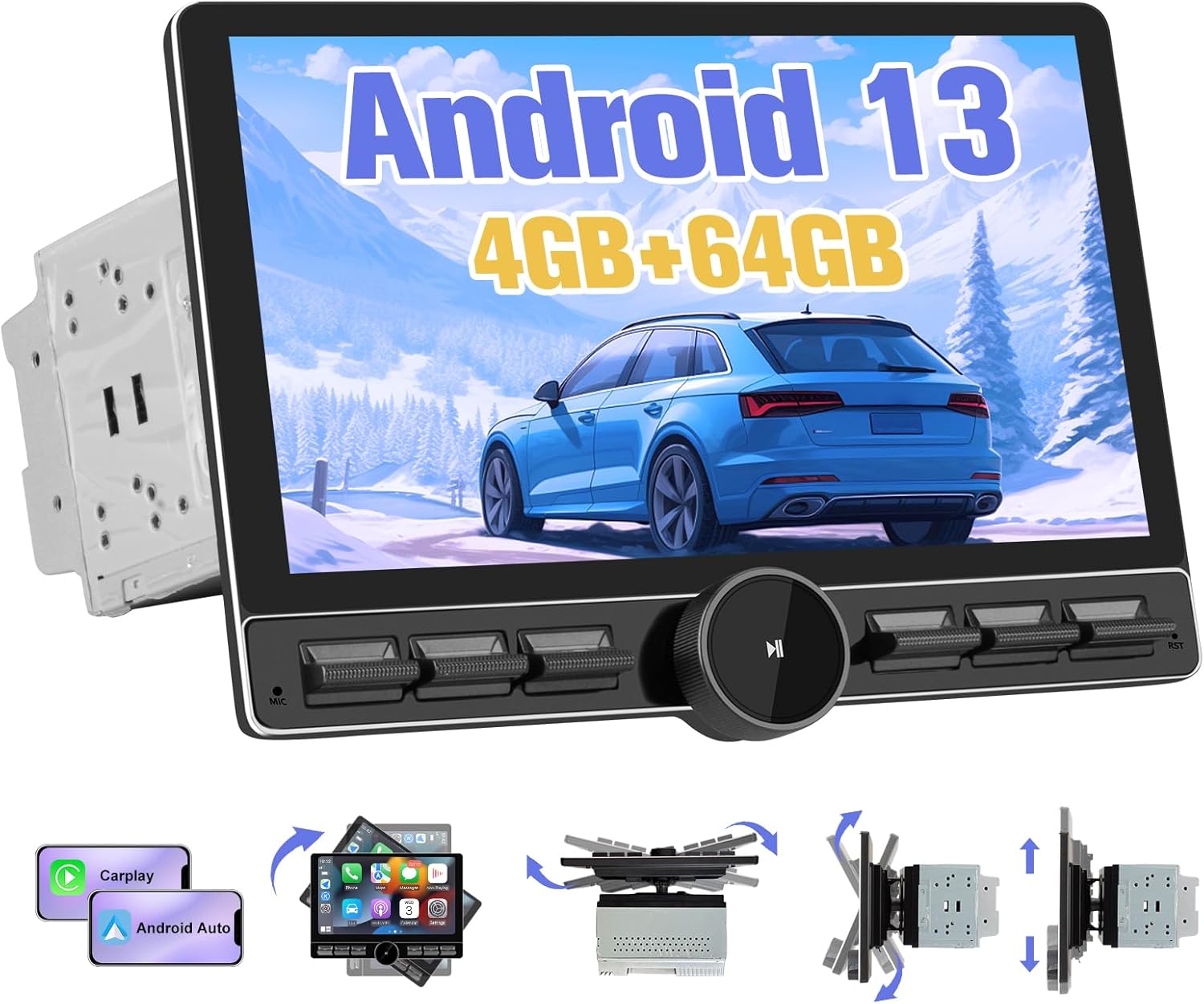 10.5 Inch Android 13 [4GB+64GB] Double Din Car Stereo，Car Radio with Wireless Carplay & Android Auto/Mirror Link/WiFi/4G/FM/USB, Support SWC/Rear Camera