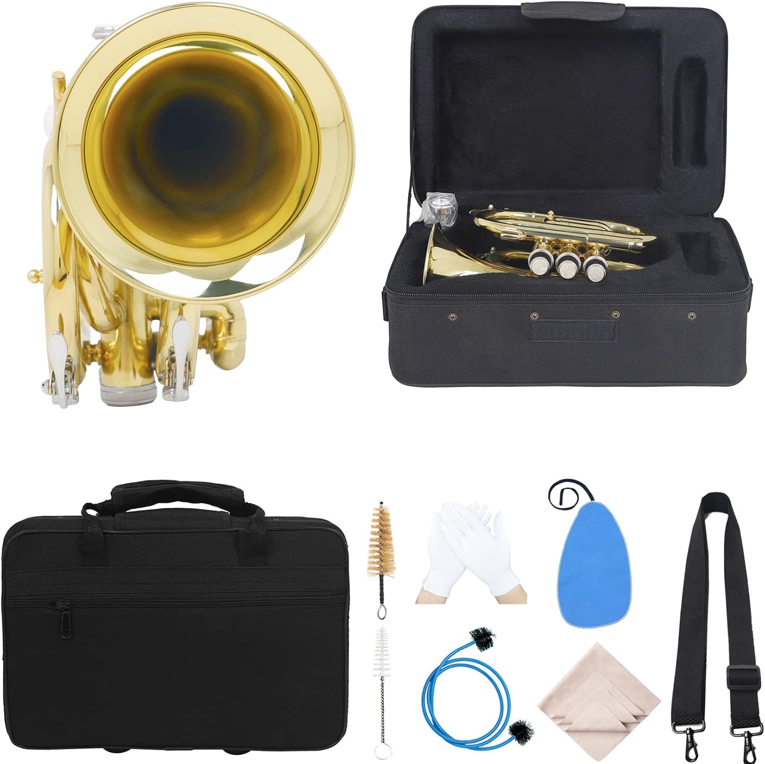 Professional Pocket Trumpet EB Pocket Trumpet Full Kit, Woodwind Instrument, Gold Lacquer Mini Trumpet Musical Instrument in E Flat for Beginner/Students/Performance, Gorgeous Sound