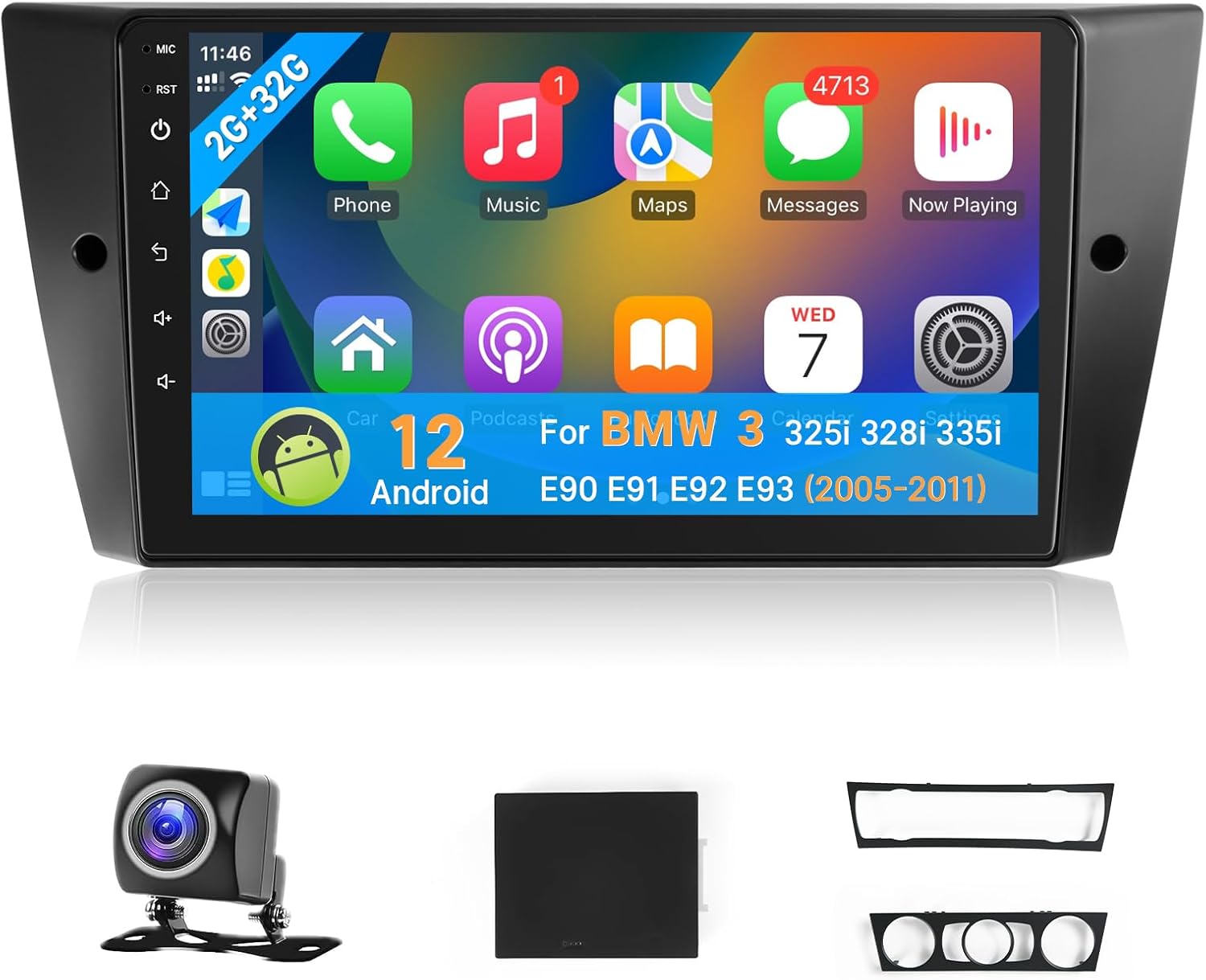 Leadfan Android Car Stereo for BMW 3 Series 328i 335i 325i (E90/E92/E93) 2005-2011 with Wireless CarPlay Android Auto 9'' Touch Screen in-Dash GPS Navigation Bluetooth WiFi Unit+Backup Camera+CanBus
