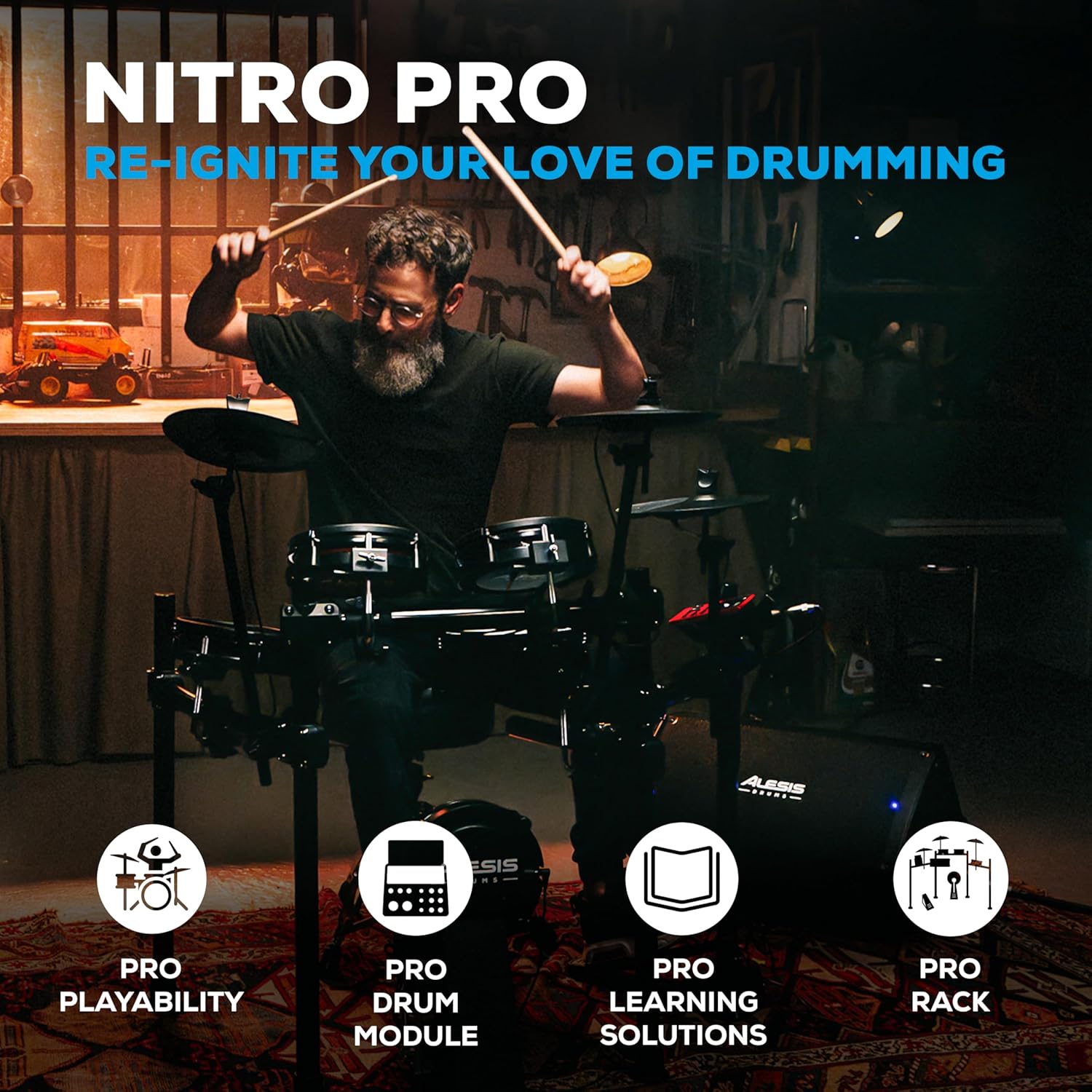 Alesis Nitro Pro and Amp - Electric Drum Set with Dual-Zone Mesh Pads, Bluetooth, USB MIDI, and 70W Rack-Mountable Drum Amplifier
