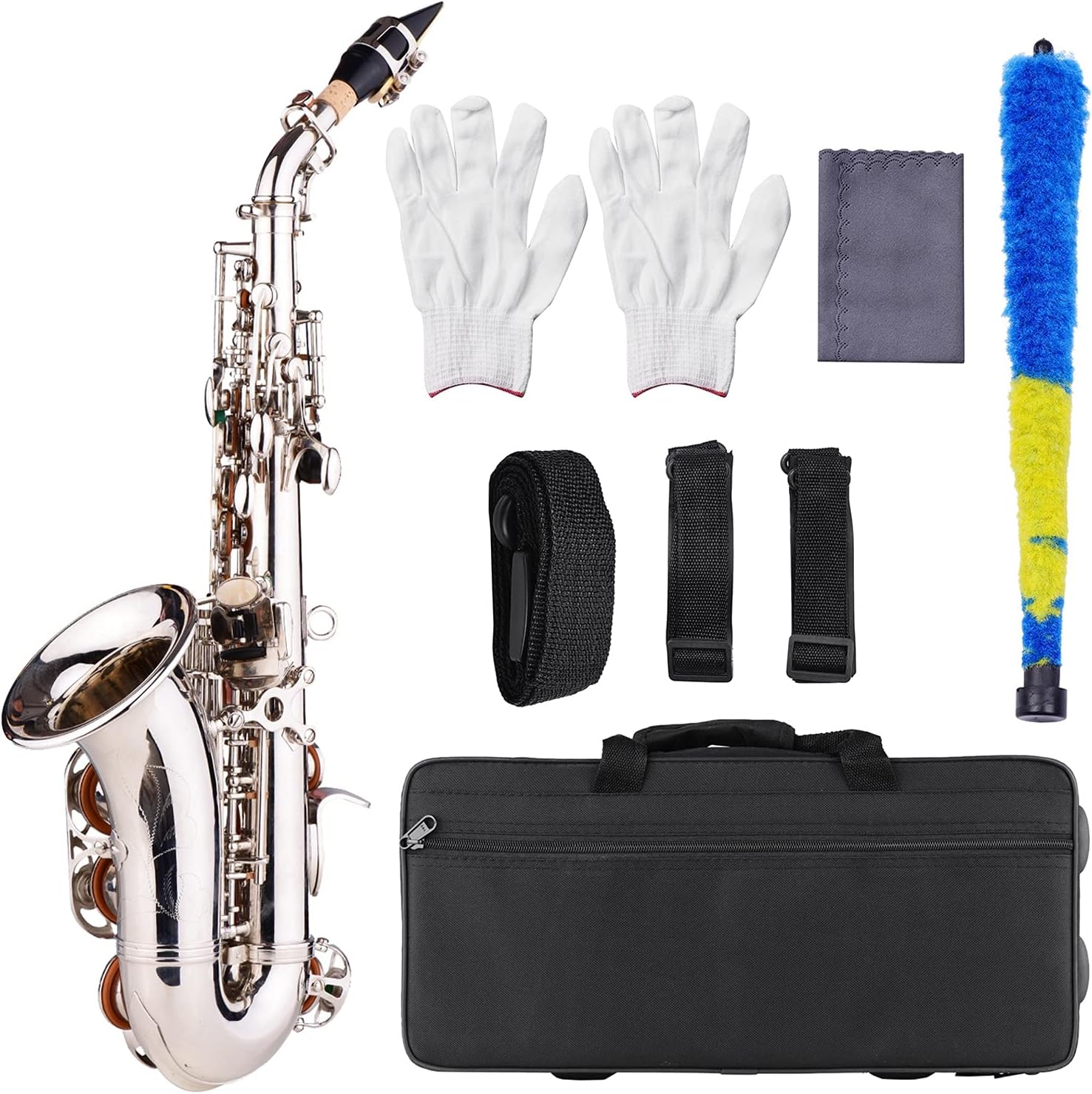 Sax Beginners Kit Brass Gold and Silver Sax Carve Pattern Bb Bend Althorn Soprano Saxophone Sax Pearl White Shell Buttons Wind Instruments Wind Instrument (Color : Silver)