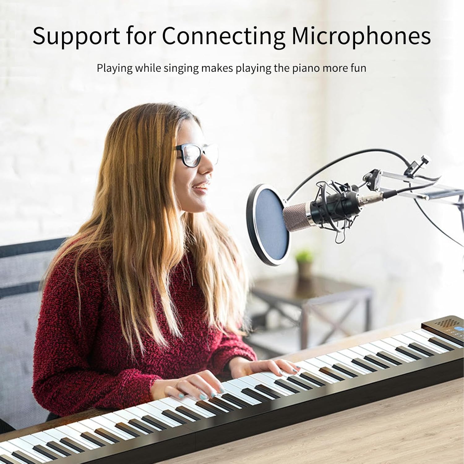 61-Key Foldable Electronic Piano Multifunctional Electronic Organ Folding Digital Piano 61 Keys Sensitive Piano Keyboard with LCD Display Built-in Rechargeable Battery BT Connectivity