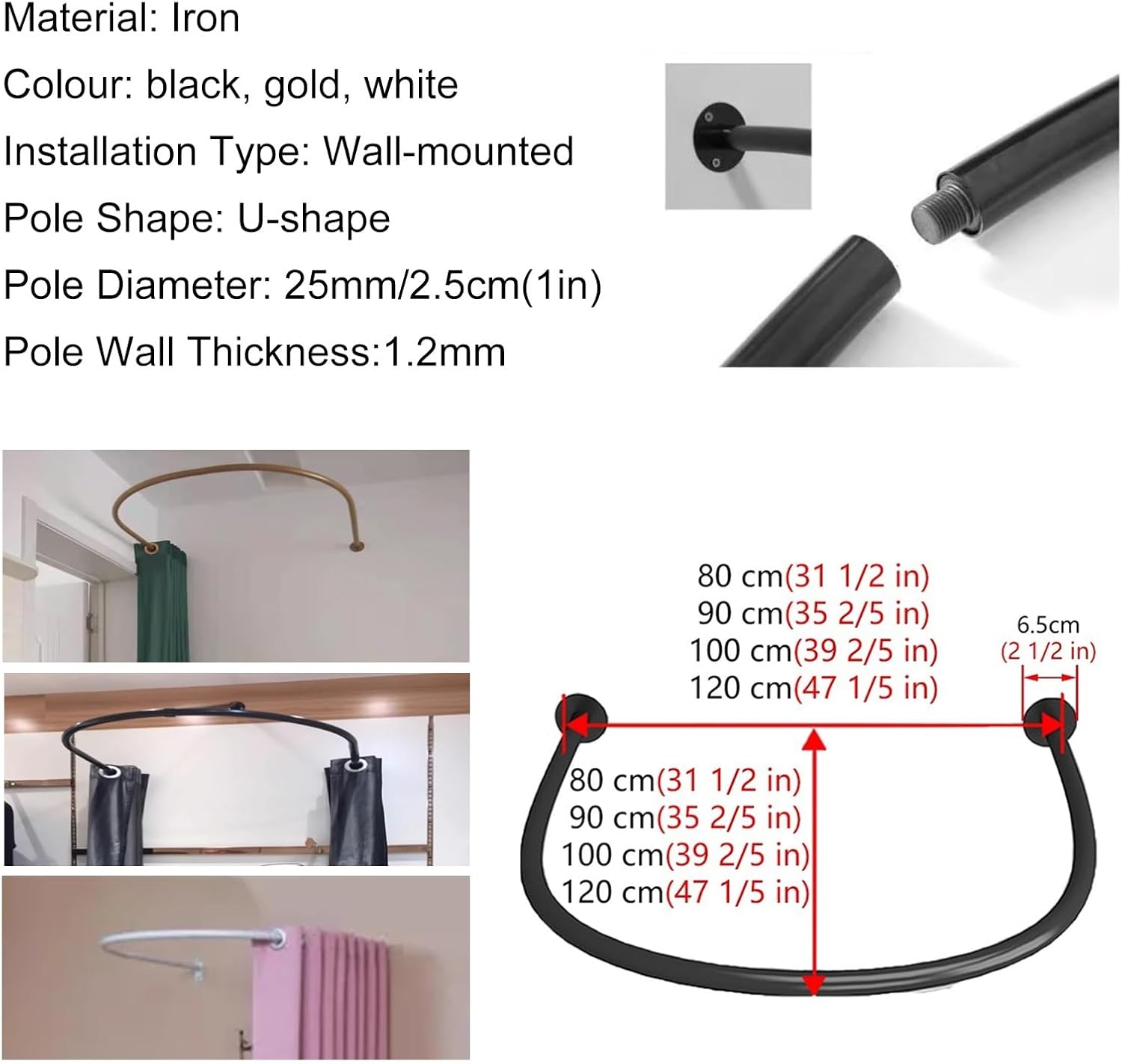 Dressing Room Curtain Rod U Shaped, Wall Mount Fitting Room Pole/Curved Corner Hanging Rods, for Boutique Shop Room Divider Privacy Protection(Gold,90 cm(35 2/5 in))