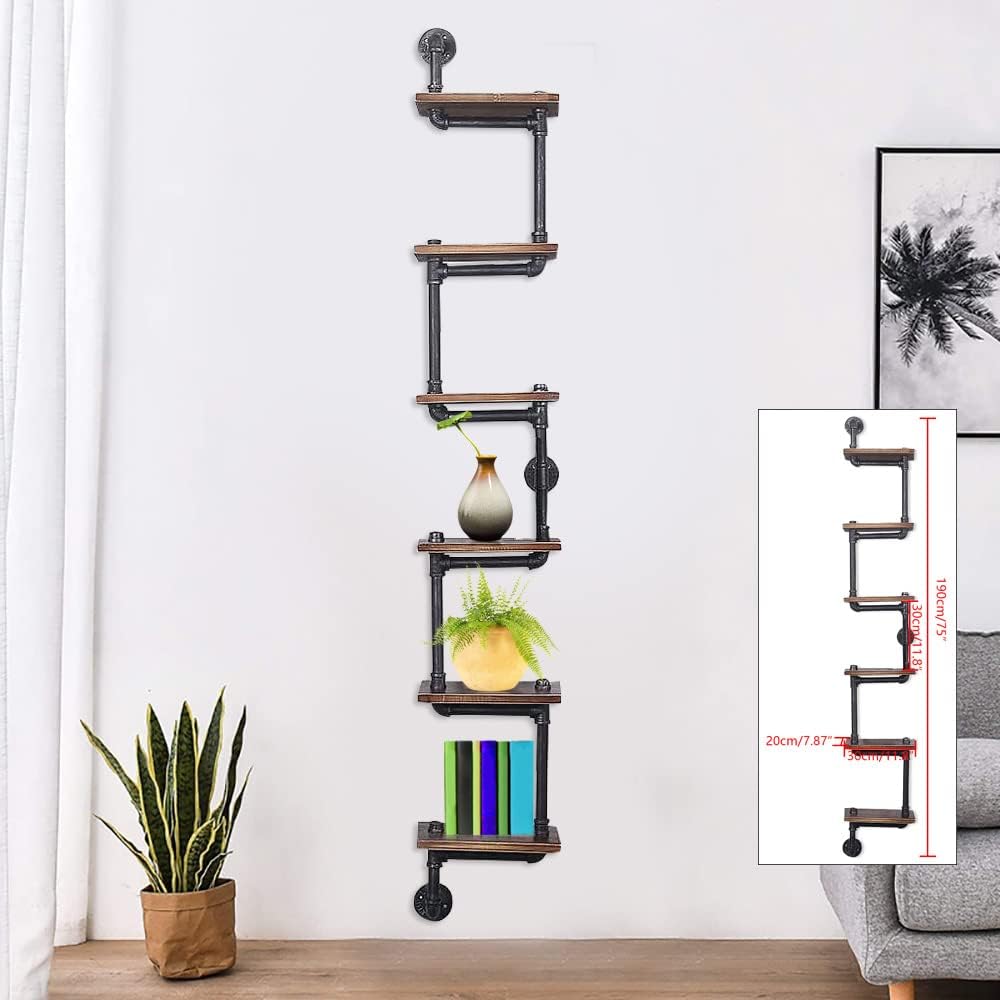 Floating Shelves Wall Mounted,Industrial Floating Shelves Wall Mount Pipe Shelves Wood 6 Tiers Ladder Bookshelf,Natural Wood Shelves for Wall, for Living Room,Bedroom, Kitchen, Office