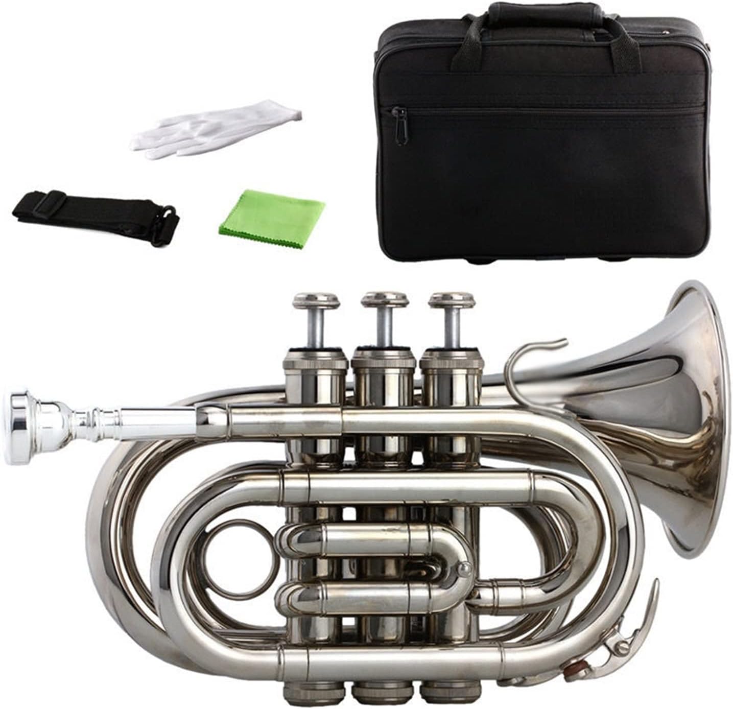 TSTS B-Flat Silver-Plated Pocket Trumpet Bb Silver Palm Size Brass Nickel-Plated Cornet Wind Instrument Pocket Trumpet Beginners