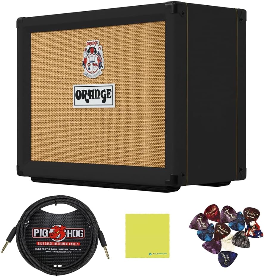 Orange Rocker 32 30W 2x10 Tube Guitar Combo Amplifier, Black Bundle w/Pig Hog “Black Woven” Instrument Cable, 12-Pack Guitar Picks & Liquid Audio Polishing Cloth