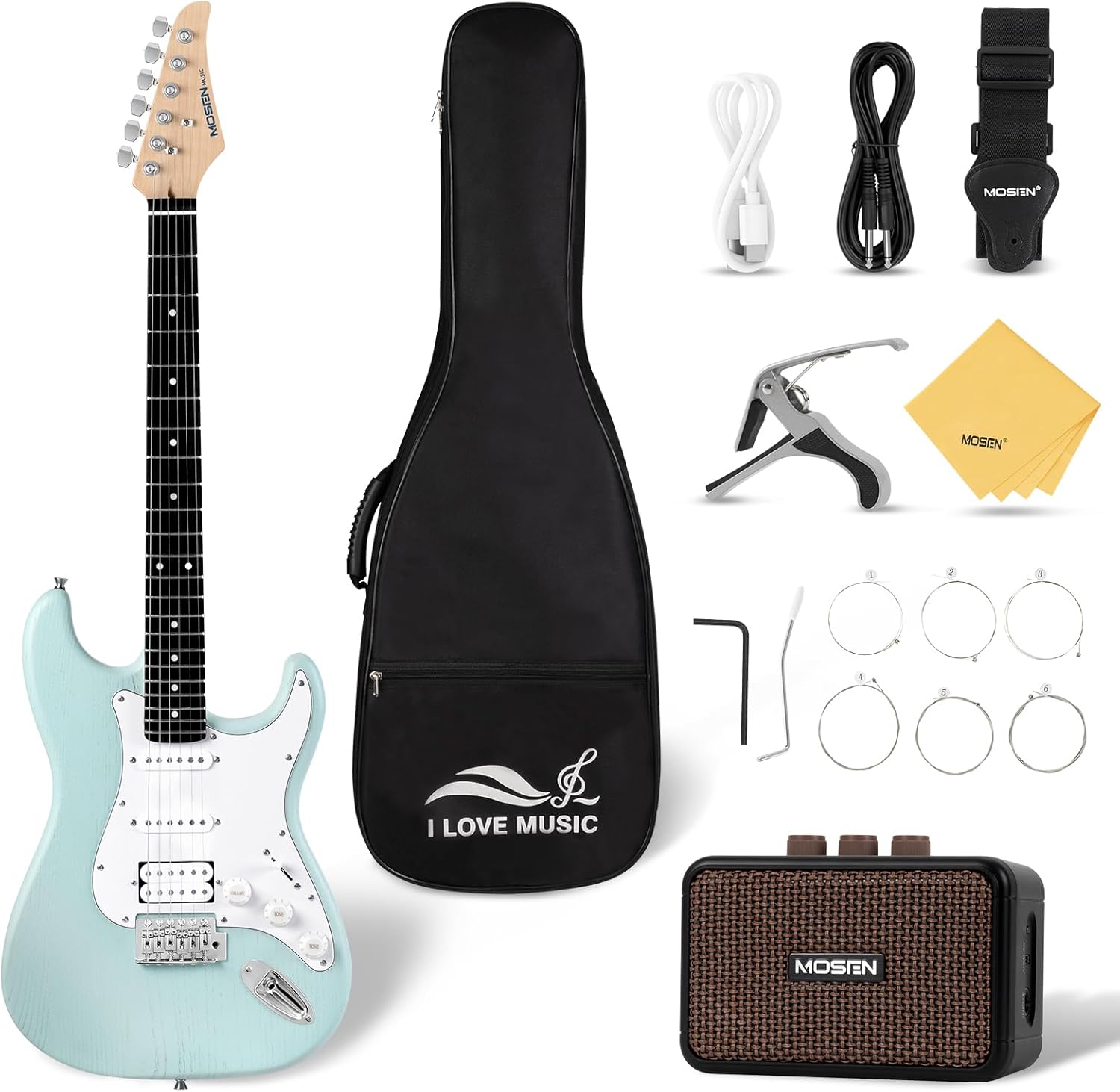 Mosen 39 Inch Electric Guitar with HSS Pickups & Single-Coil Tremolo System - with 5W Amp, Techwood Fingerboard, C-Shaped Satin Neck, All Accessories Included Gig Bag, Tuner, String, Capo, Strap