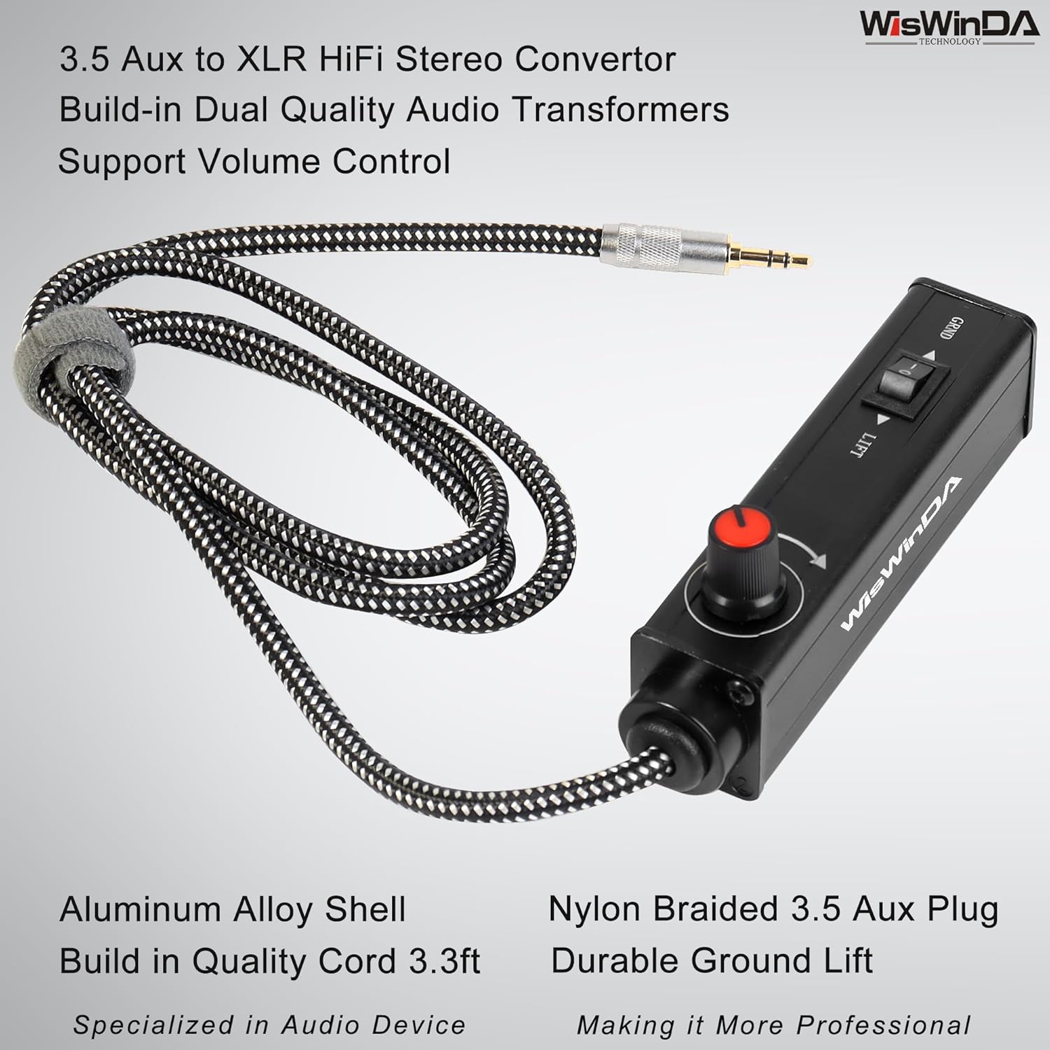 Upgrade Pro101A HiFi Stereo AUX to XLR Isolation Box with Volume Controller Ground Lift Switch Build-in 3.5mm Aux Cord 3.3ft Gold Coating Plug with Extra XLR Y Cord