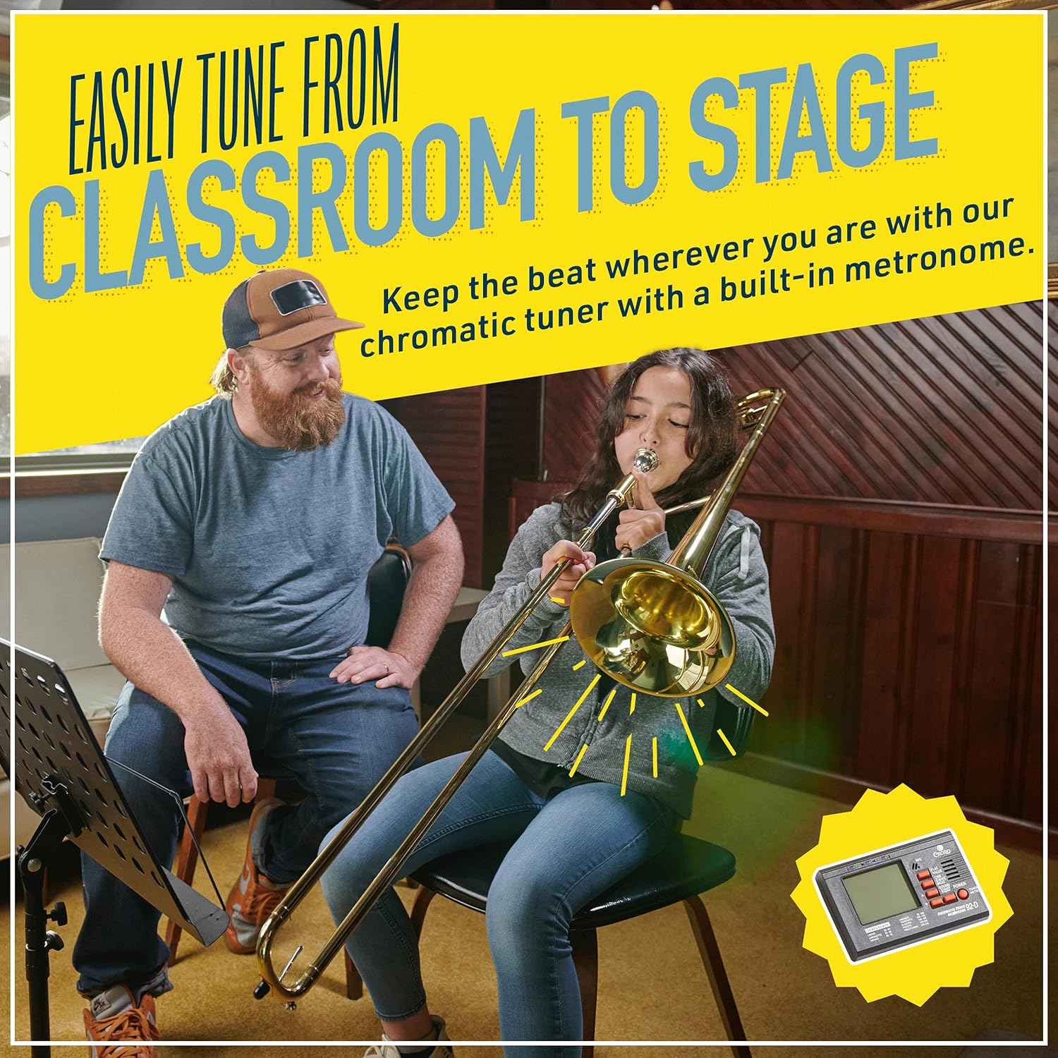 Mendini by Cecilio Bb Tenor Slide Trombone for Beginners - B Flat Brass Plated Trombone Instrument for Students with Tuner, Music Book, Hard Case, Mouthpiece, Cleaning Kit & Gloves (Gold)