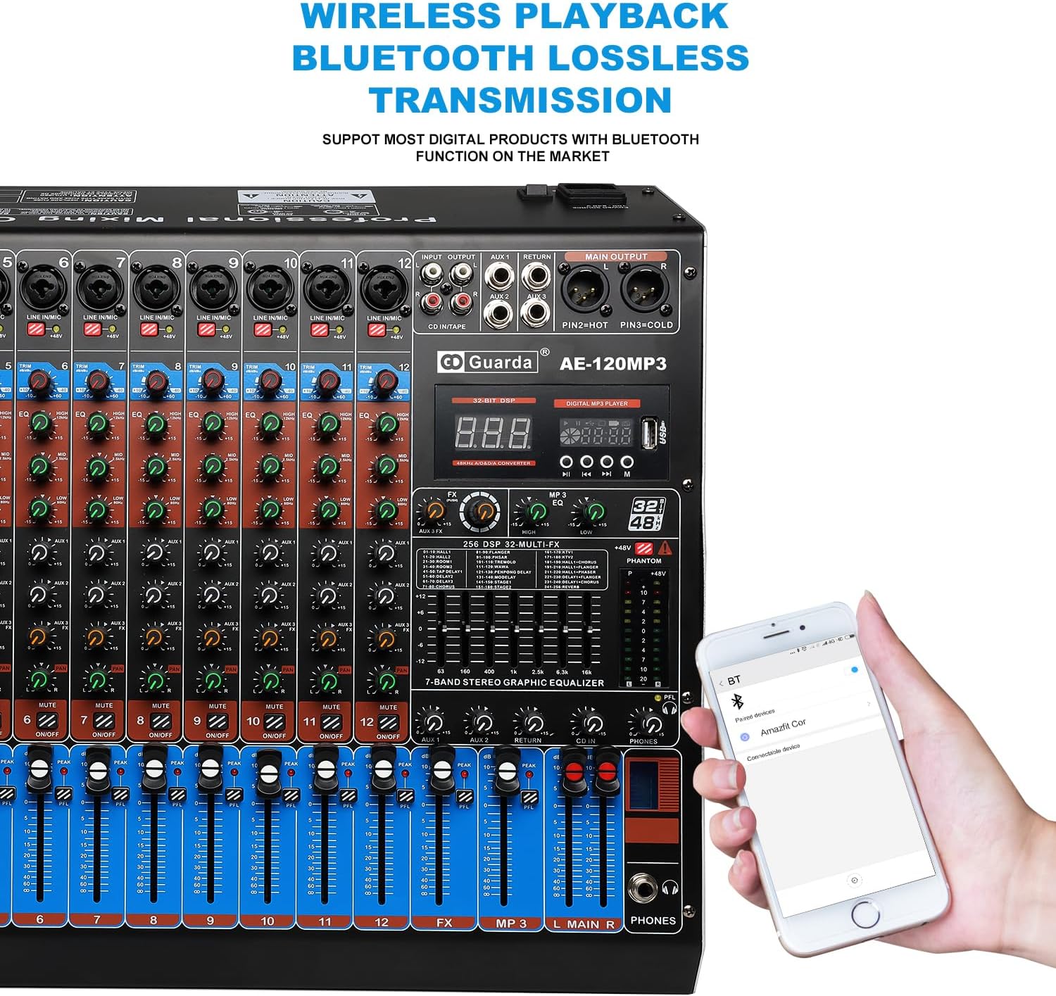 Audio Mixer, 12 channels with 256 DSP Effects, 7-band EQ,Independent 48V Phantom Power&Mute Button,Bluetooth Function,USB Interface Recording For Studio & Stage Guarda Audio(AE120)