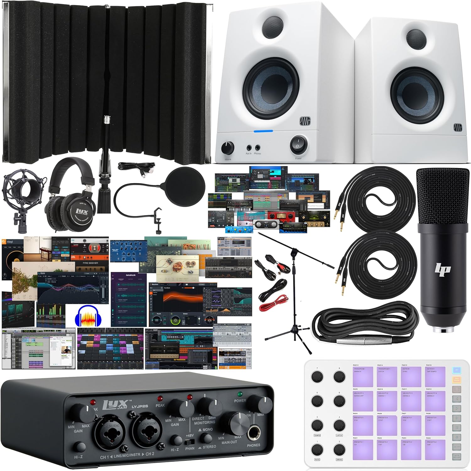 2x2 USB Audio Interface Bundle with ASIO, White PreSonus Eris 3.5 Studio Monitors, Bluetooth MIDI Pad Controller, Condenser Mic, Headphones, Isolation Shield & Software