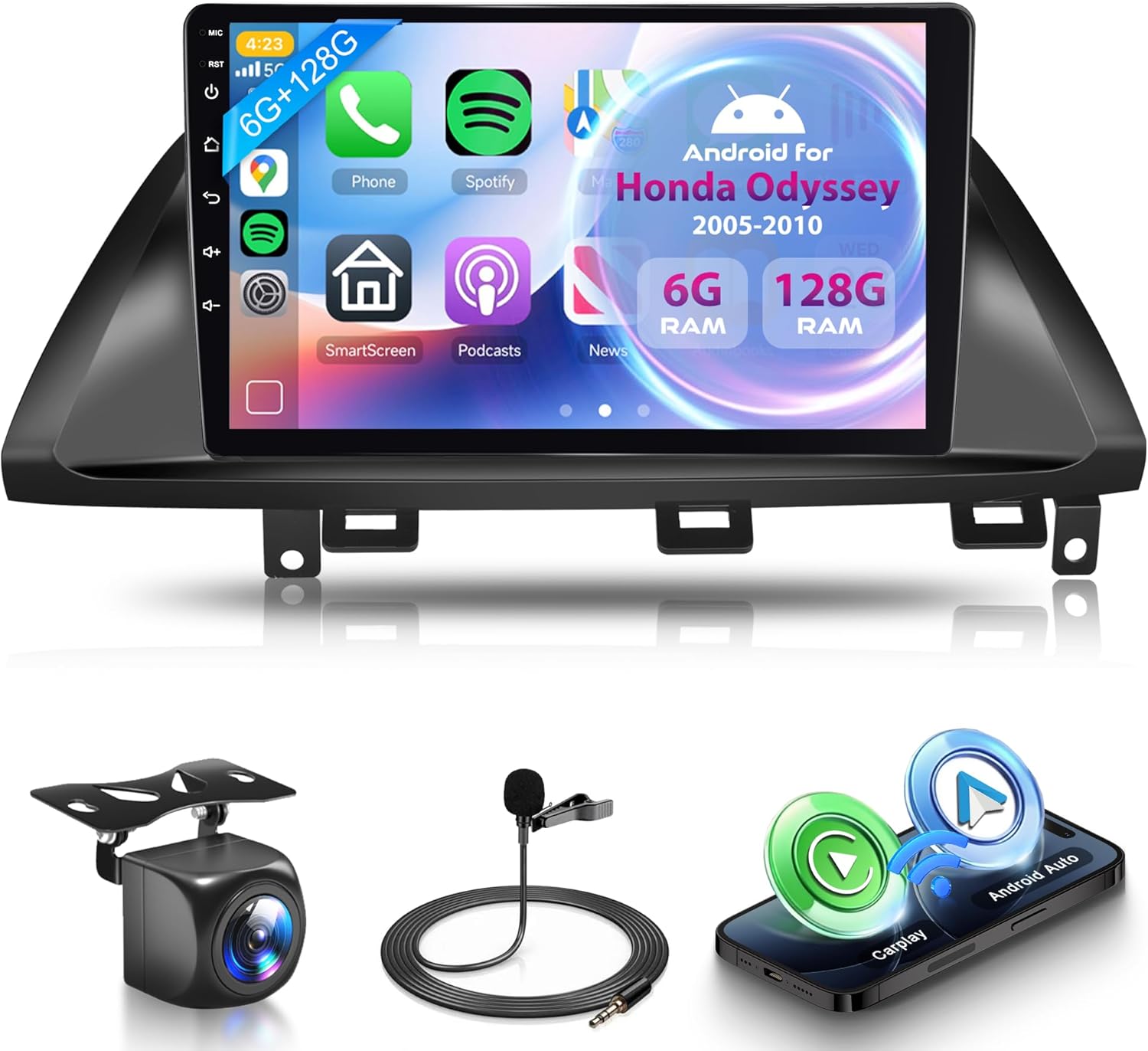 8 Core 6G+128G Android Car Radio for Honda Odyssey 2005-2010 with Wireless CarPlay Android Auto, 10” Touchscreen Car Stereo Mirror Link GPS WiFi Bluetooth FM RDS DSP EQ SWC Backup Camera