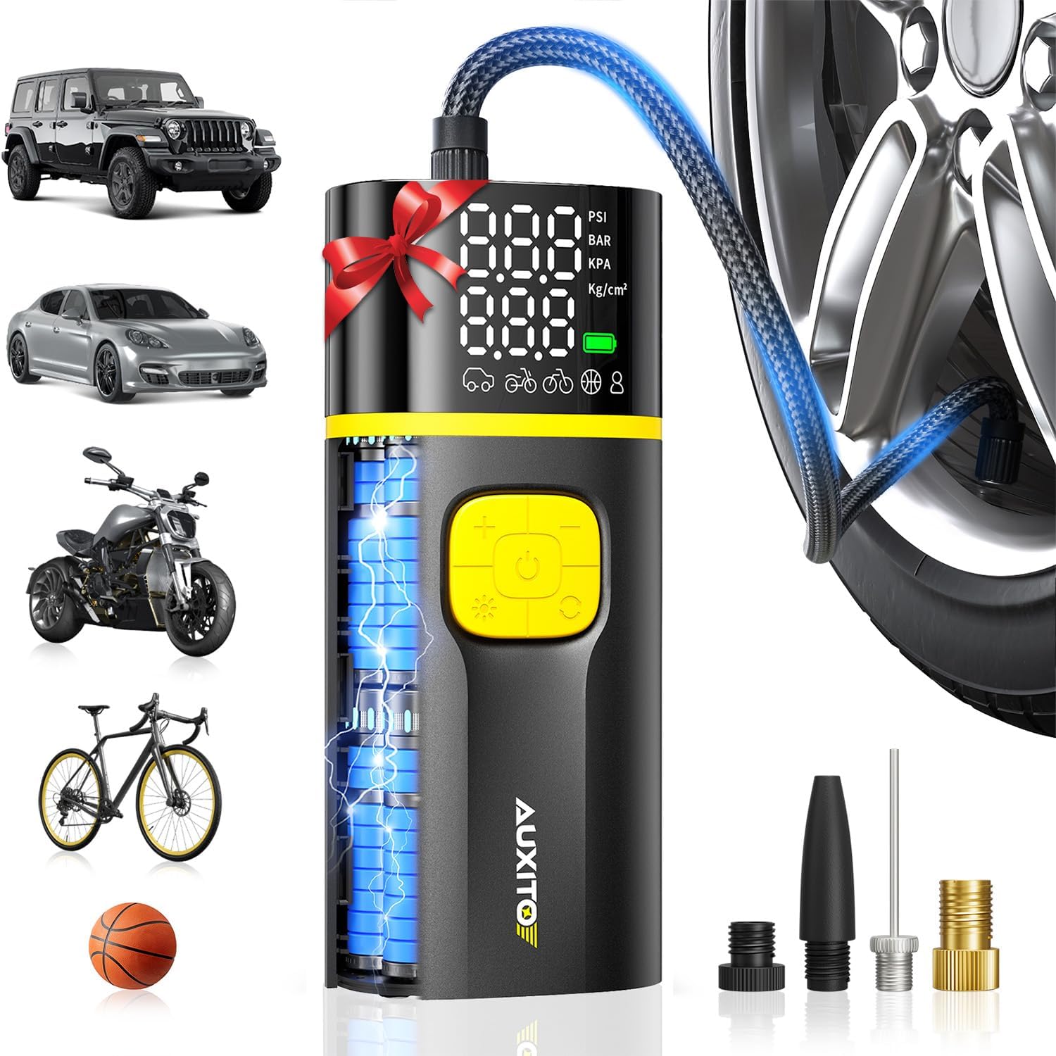 AUXITO A502 Tire Inflator Portable Air Compressor - 150PSI Dual Cylinder 7800 mAh & 12V DC, Bike Pump Air Pump for Car, Truck, Bike, Motorcycle with Digital Tire Pressure Gauge, Car Gifts for Men