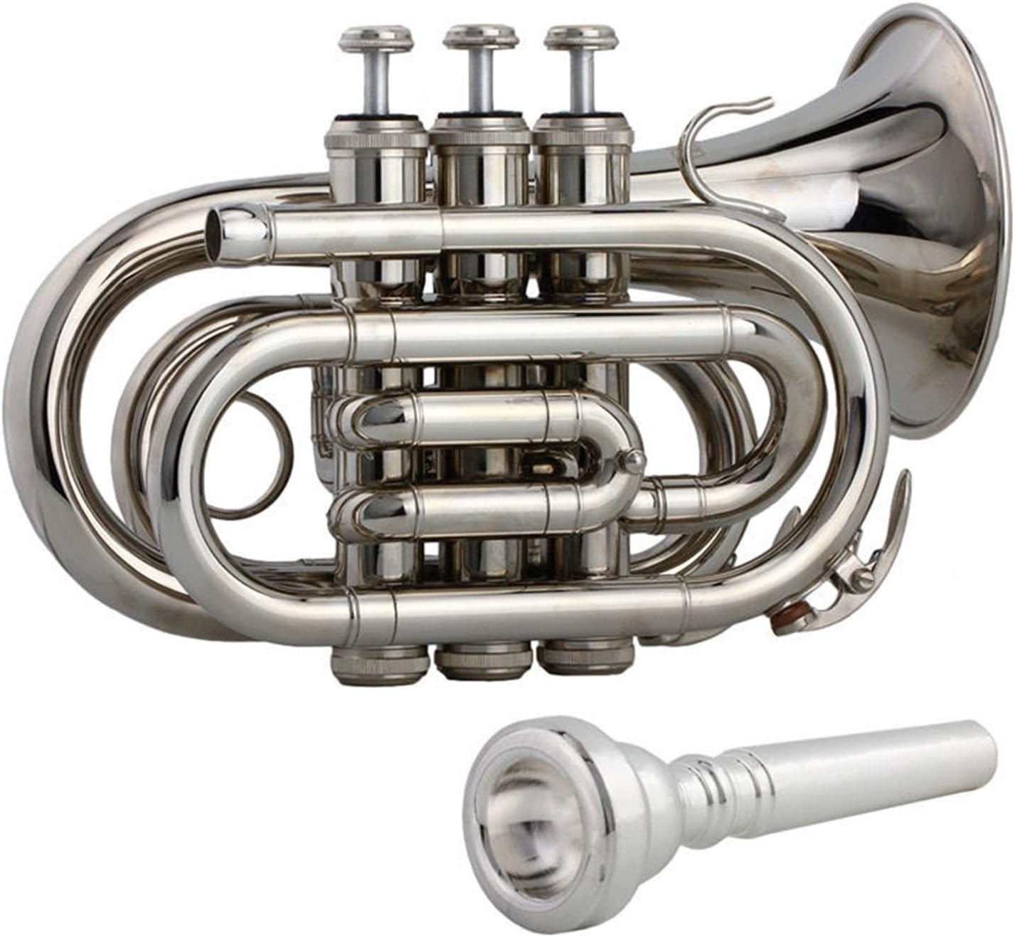 B-Flat Silver-Plated Pocket Trumpet Bb Silver Brass Nickel-Plated Cornet Instrument Beginner Trumpet