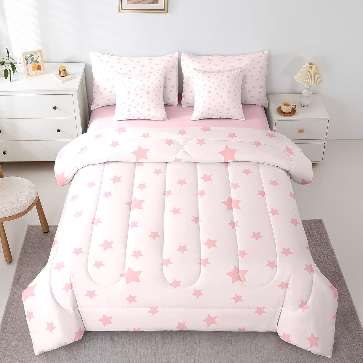 7 Pcs Pink Stars Kids Comforter Full,Cartoon Starry Sky Princess Dreamy Girls Women Bedding Set,Geometric Stars Patchwork Girly Romantic（Comforter+Fitted+Flat+2 Pillowcases+2 Throw Pillow Covers）