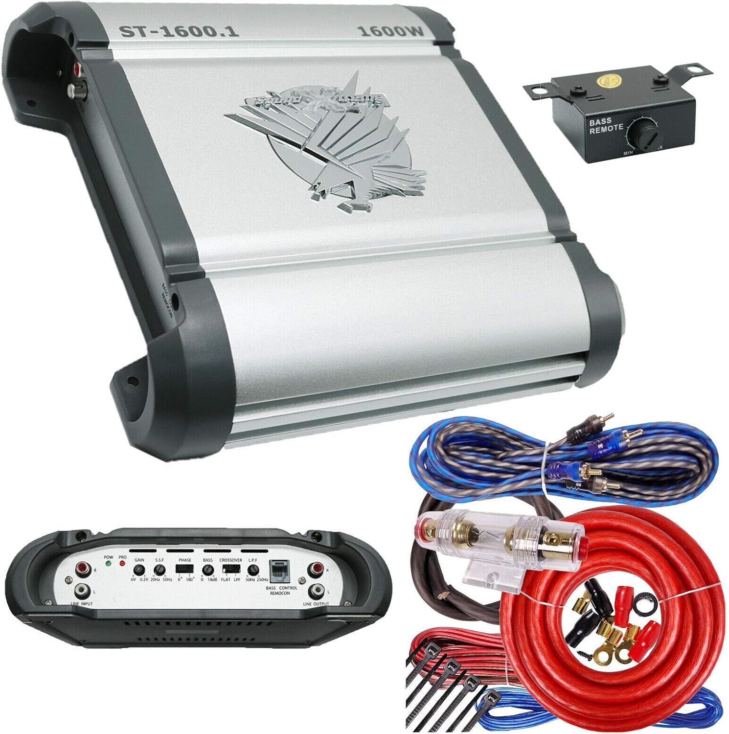 Soundxtrem ST-1600.1 Power Monoblock 1 Channel Car Amplifier 1600 Watts Power with Bass Knob Remote Control and Completed 4 Gauge Amplifier Installation Wiring Kit