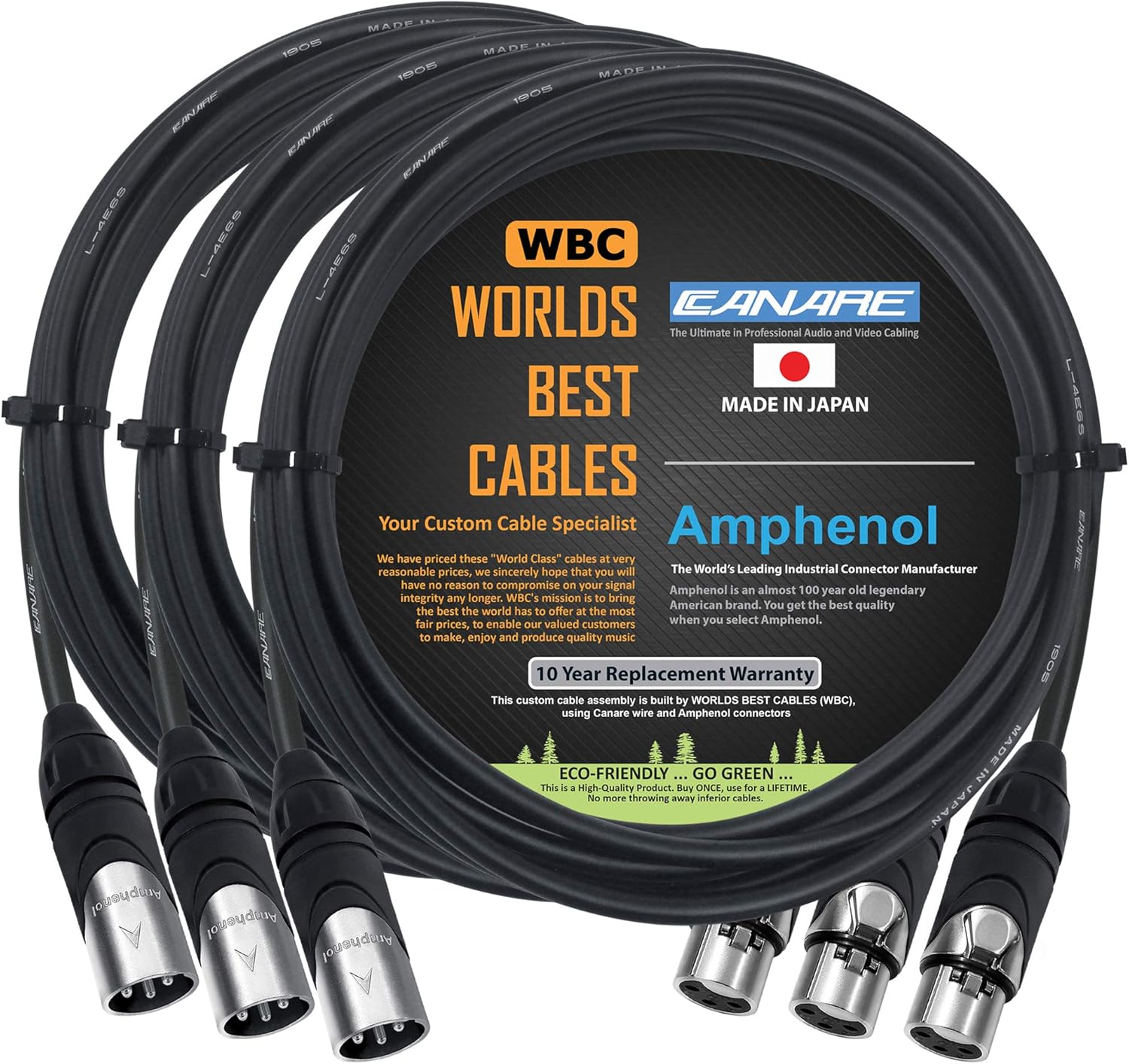 3 Units - 12 Foot - Canare L-4E6S, Star Quad Balanced Male To Female Microphone Cables With Amphenol AX3M & AX3F Silver XLR Connectors - CUSTOM MADE By WORLDS BEST CABLES