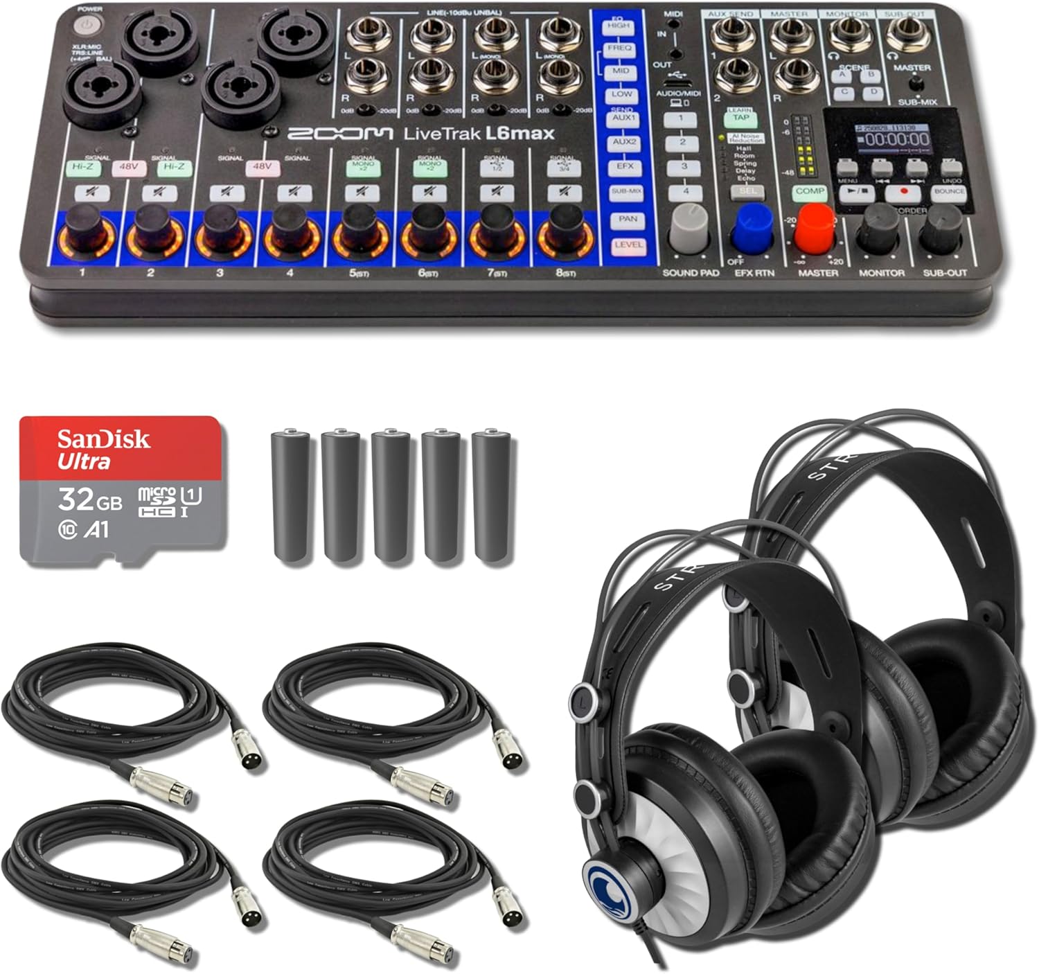 Zoom LiveTrak L6max 12-Channel Digital Mixer with 2x StreamEye Cans50 Studio Headphones, 4x XLR Cables, 5x AA Batteries, Polishing Cloth and microSD Card with Adapter