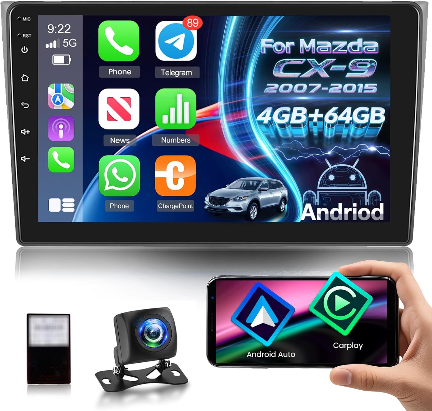 [Qualcomm 8 Core 4+64G] Android 15 Car Radio for Mazda CX-9 2007-2015 with Wireless Carplay and Android Auto - 10 Inch 1280 * 720 IPS Touchscreen Car Stereo - DSP/GPS/WiFi/SWC + AHD Backup Camera