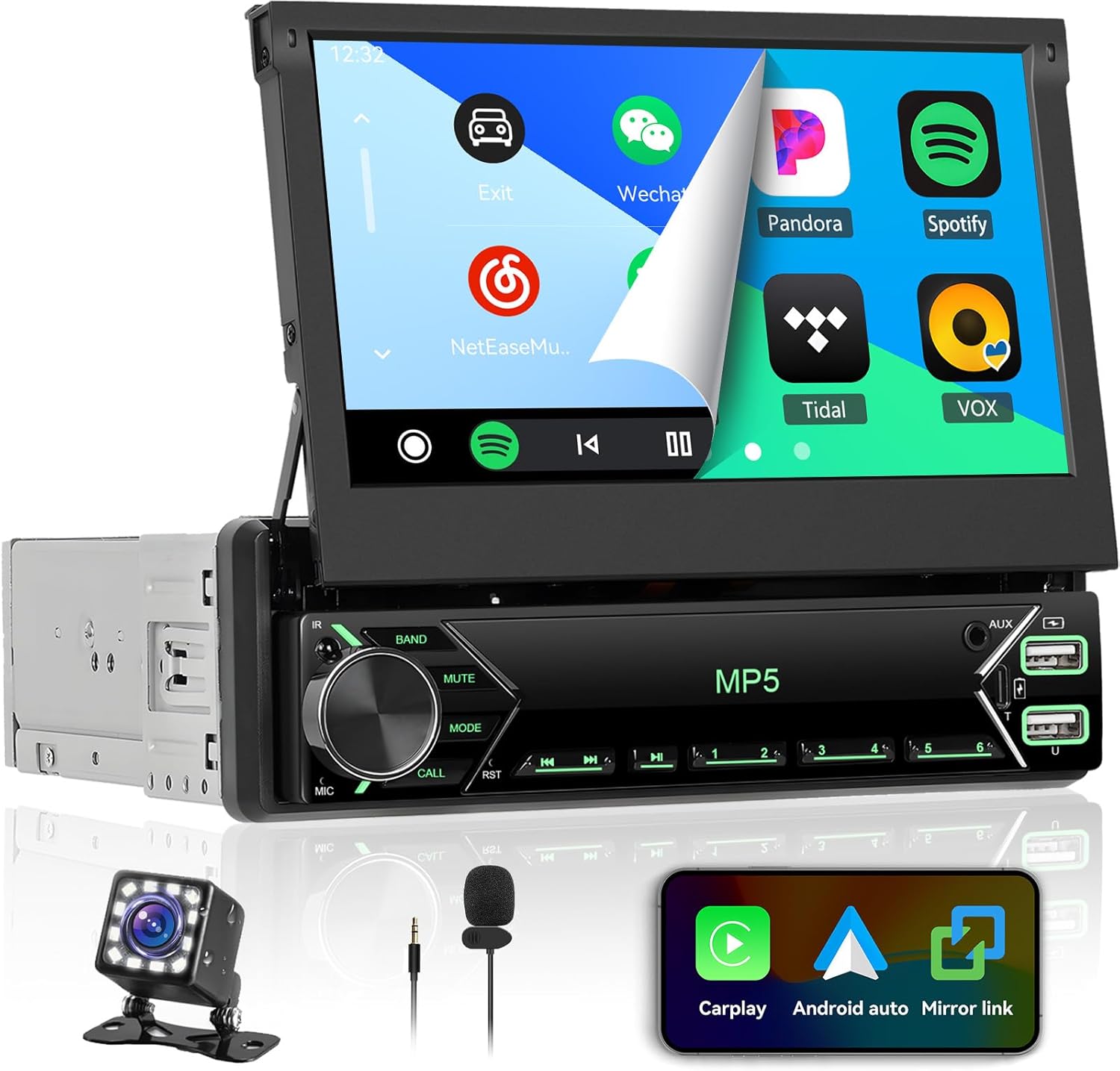 UNITOPSCI Single Din 7 Inch Flip Out Screen Wireless Carplay Android Auto Car Radio, IPS Touch Screen Car Stereo with Bluetooth, FM Car Radio, EQ, Dual USB/Type-C/Aux-in, Backup Camera/SWC/MIC