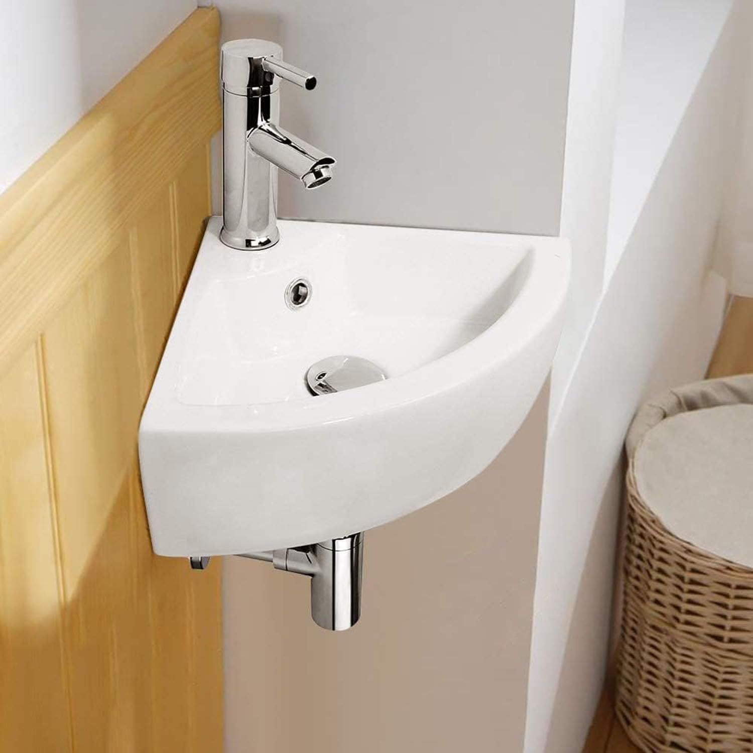 Wall Mount Ceramic Corner Sink with Overflow and Faucet Hole, Space-Saving Basin for Small Bathrooms and Kitchens,435 * 320 * 130mm