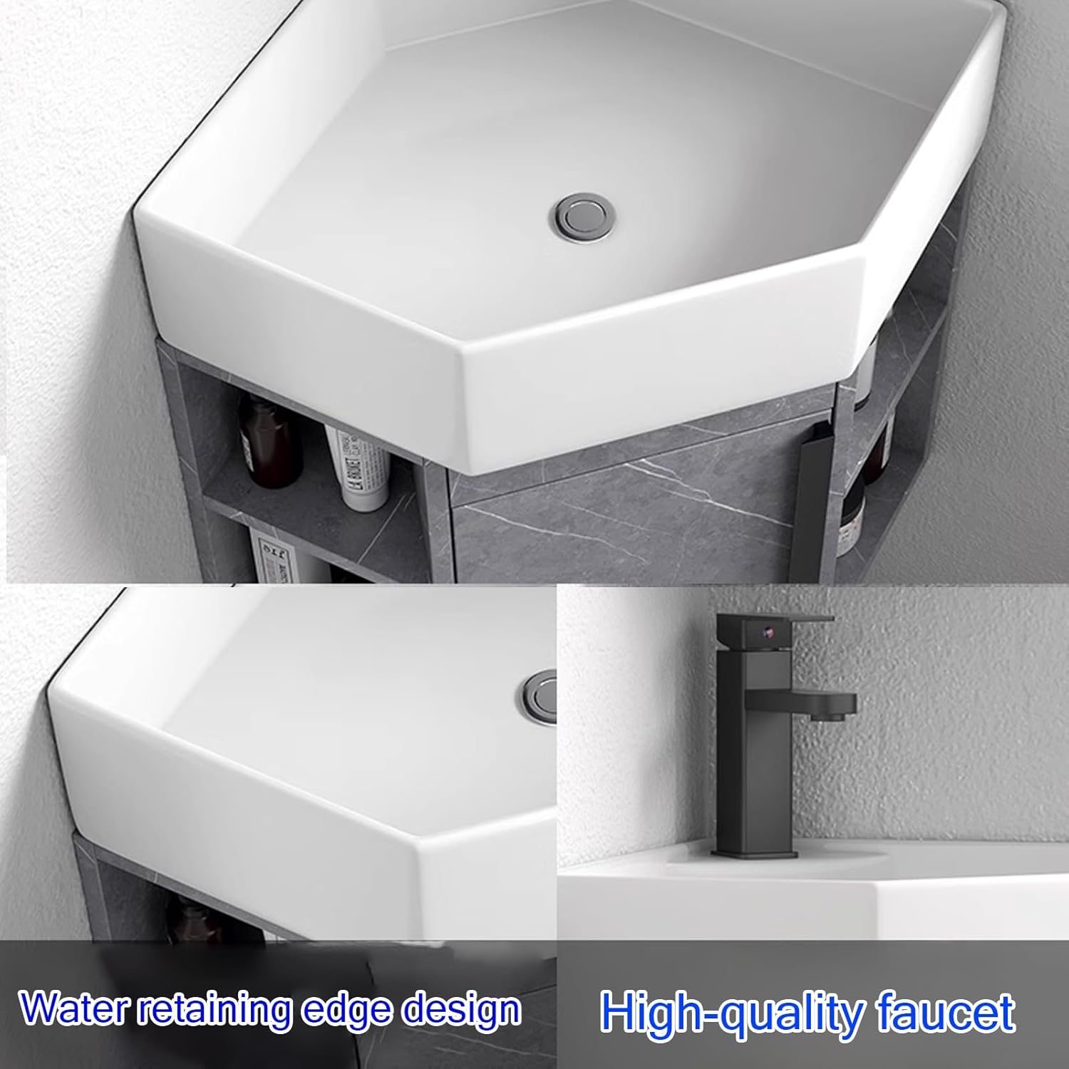 Bathroom Corner Sinks, Wall Mount Ceramic Corner Bathroom Sink, Floating Wash Basin with Cabinet Mirror, Corner Pedestal Sink Bathroom Cabinet(Brown,18inchx45cm)