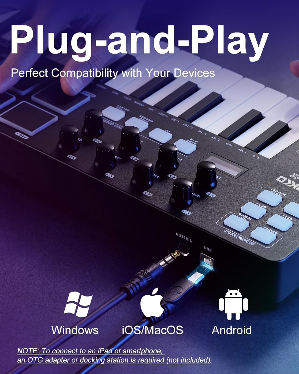 KOKKO MIDI Controller Keyboard, Mini 25 Key With 8 Backlit Drum Pads, 8 Knobs and Pitch Bend Wheel, Modulation Wheel for Music Production, Cubase LE Software Included