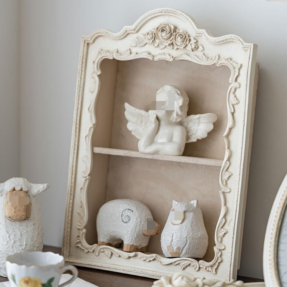 Retro Hollow Flower Wall Storage Shelves, 2 Layer Resin Floating Shelf, Classic Style, Floating Shelves, Wall Mounted Container, Art Decoration, Living Room, Bedroom, Kitchen (White)