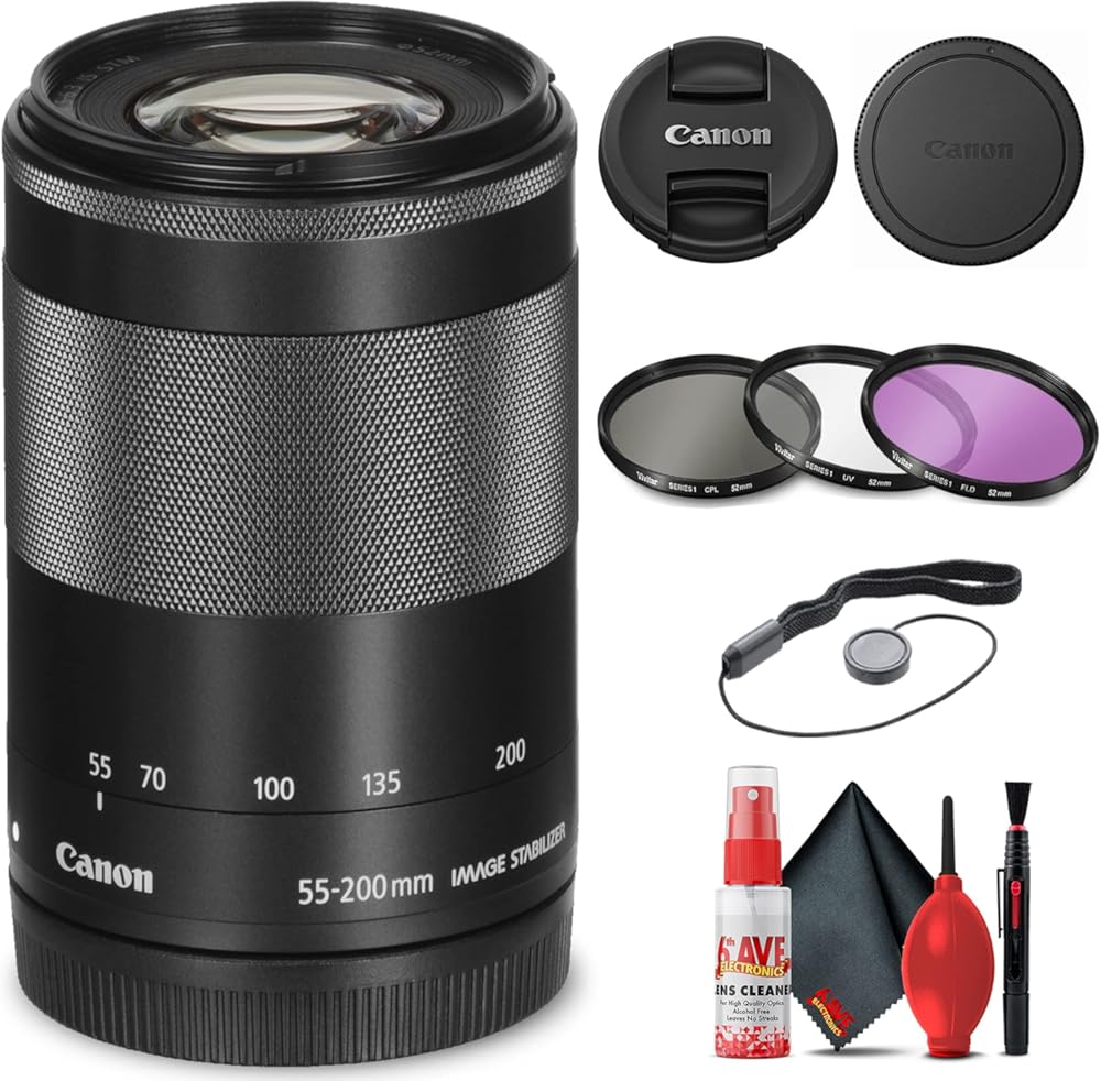 Canon EF-M 55-200mm f/4.5-6.3 is STM Lens (Black) (9517B002) + Filter Kit + Cap Keeper + Cleaning Kit + More (Renewed)