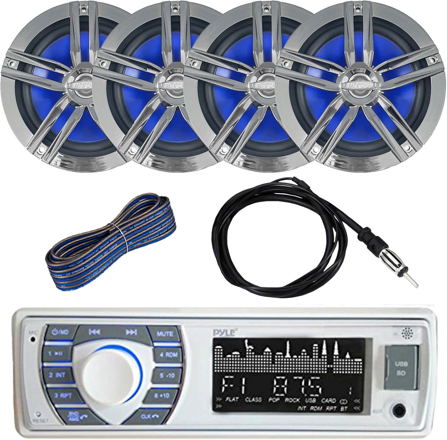 Pyle PLRMR23BTW Bluetooth Marine Receiver Stereo with Enrock EM265C Marine 2-Way 180W 6.5