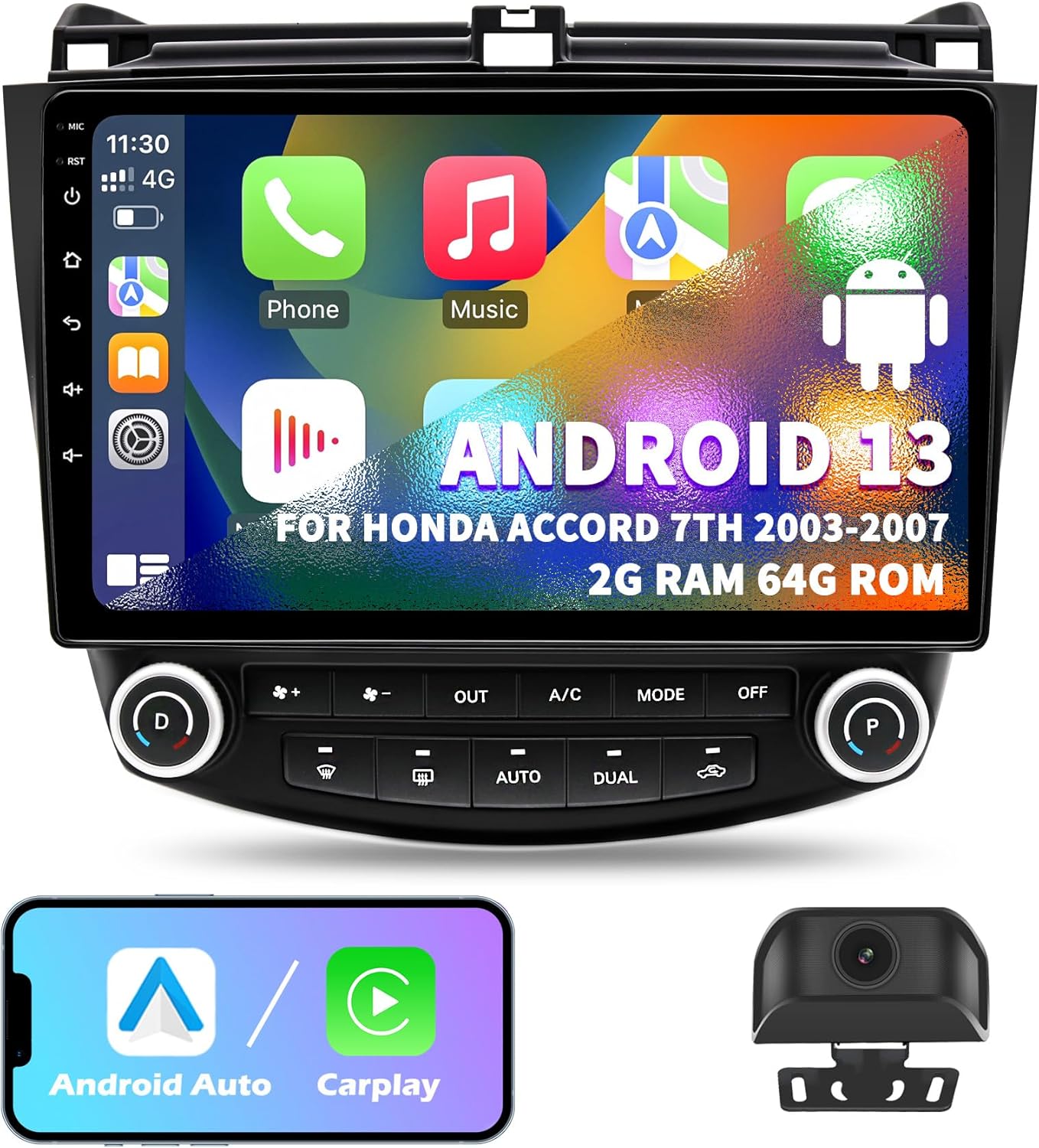 Car Radio Stereo for Honda Accord 7th 2003 2004 2005 2006 2007, Android 13 2G+64G Wireless Carplay Android Auto, 10 inch Touchscreen Car Radio Bluetooth WiFi GPS Navi FM/AM Head Unit, Backup Camera