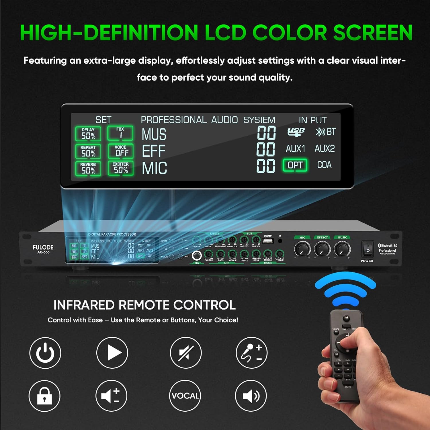 AX-666 Professional Karaoke Processor KTV Mixer with Dual Wireless Microphones, Digital Pre-Stage Effector Audio Vocal Effects Processor System with DSP Anti-Howling USB MP3 Bluetooth Optical