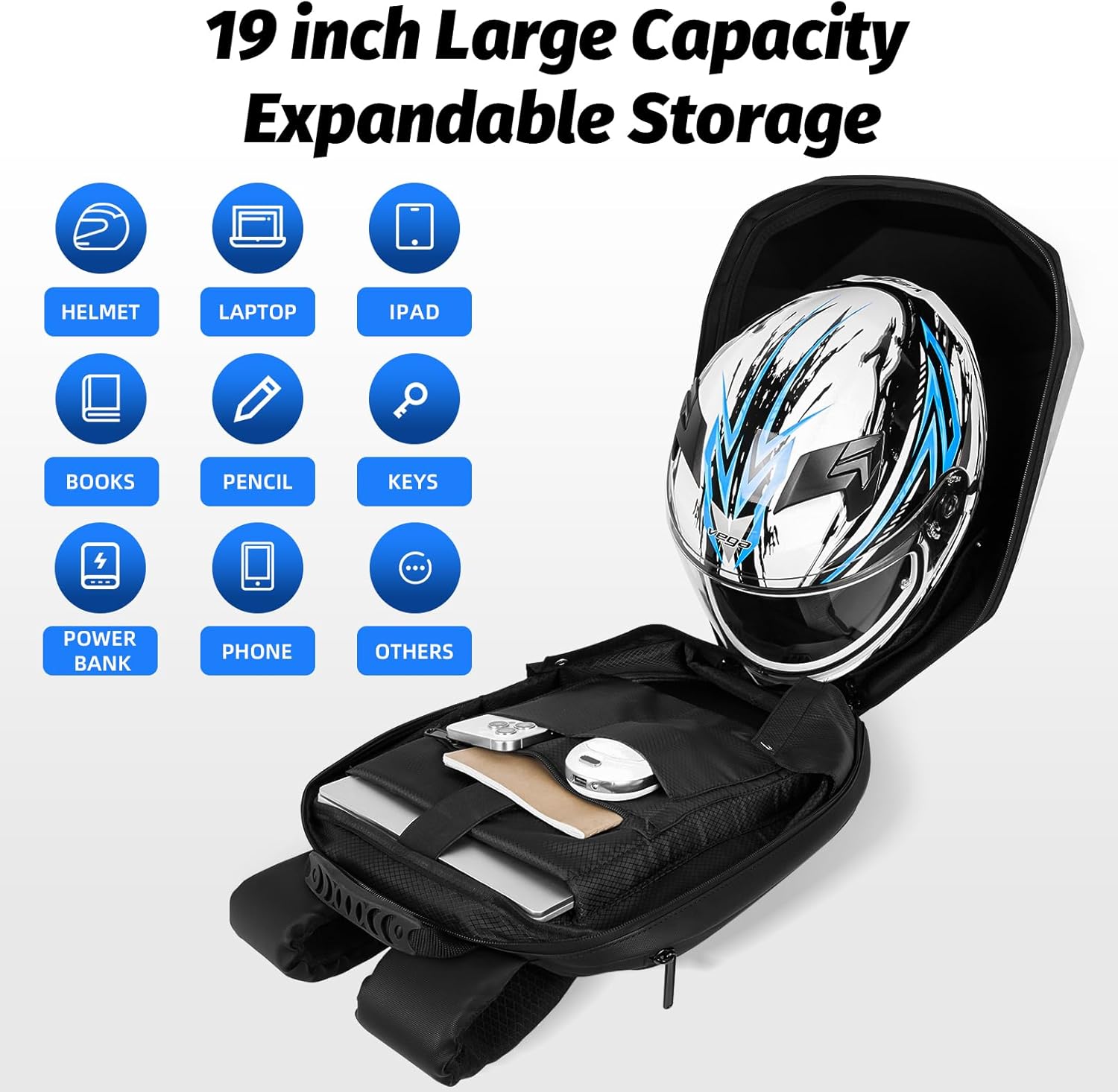 19inch LED Motorcyle Knight Backpack for Men,Hard Case Riding Backpack Motorbike Laptop Bag Waterproof, DIY Programmable Full Color Display & Eyes