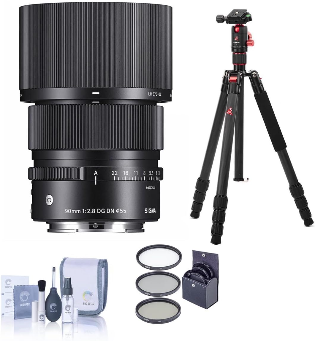 Sigma 90mm f/2.8 DG DN Contemporary Lens for L Mount, Bundle with Vanguard VEO 3 GO 235AB Al Travel Tripod with T-50 Ball Head, Filter Kit, Cleaning Kit