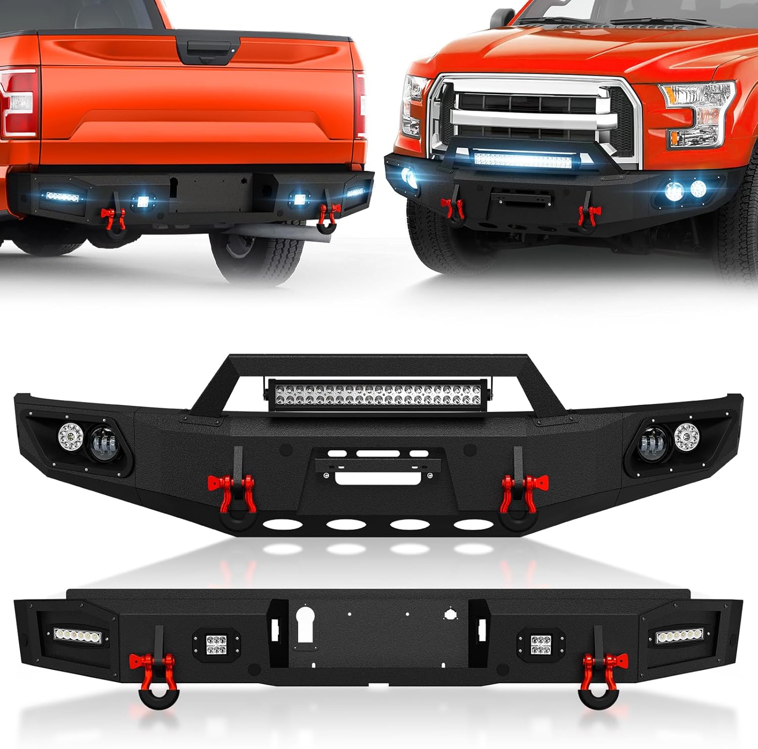 SUORTO Black Front & Rear Bumpers Compatible with 2015 2016 2017 Ford F150 (Excluding Raptor and Ecoboost) with Winch Plate, Paintable Armor, Sensor Holes, License Plate Bracket & D-rings