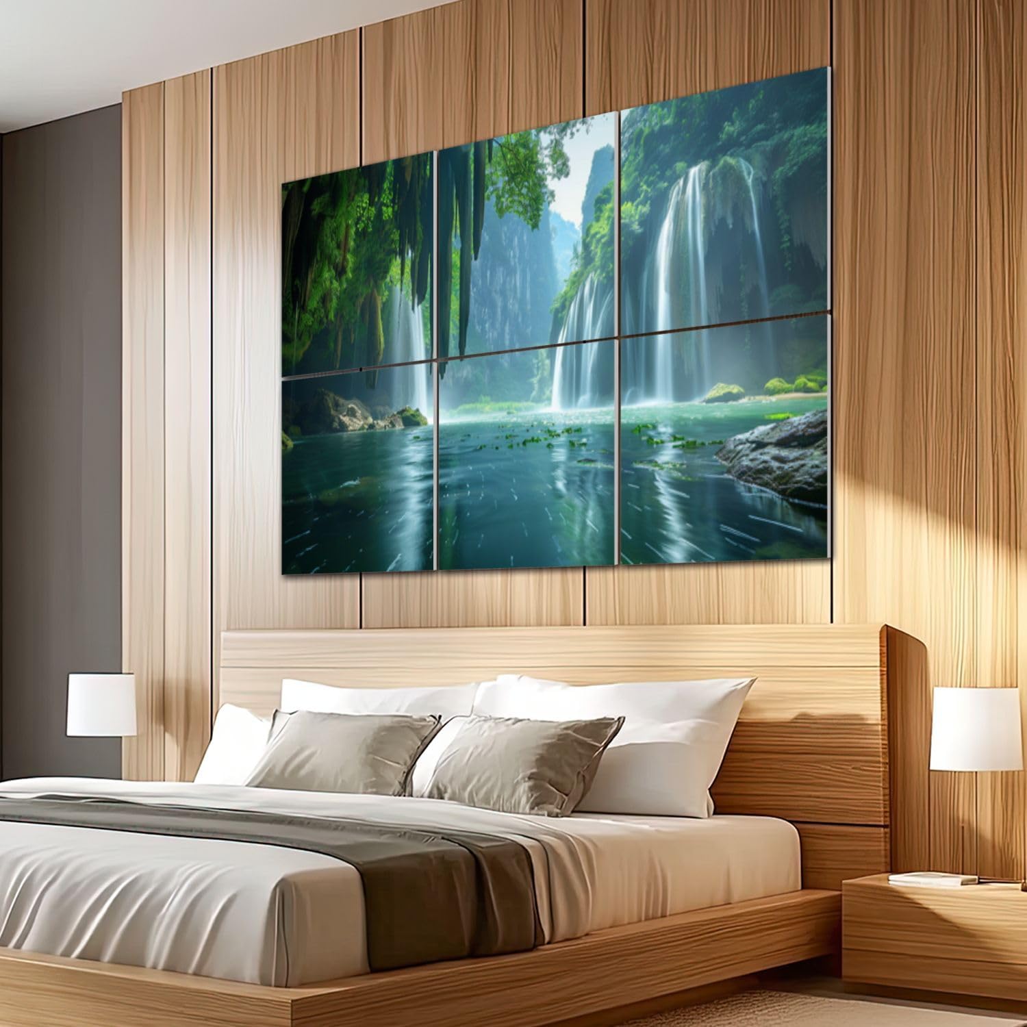 6 Pack Art Acoustic Panels Sound Absorbing Mountain Cave Nature Forest Landscape Waterfall Cave Tropical Trees Decorative Soundproof Wall Panels Self Adhesive for Recording Studios Office 72