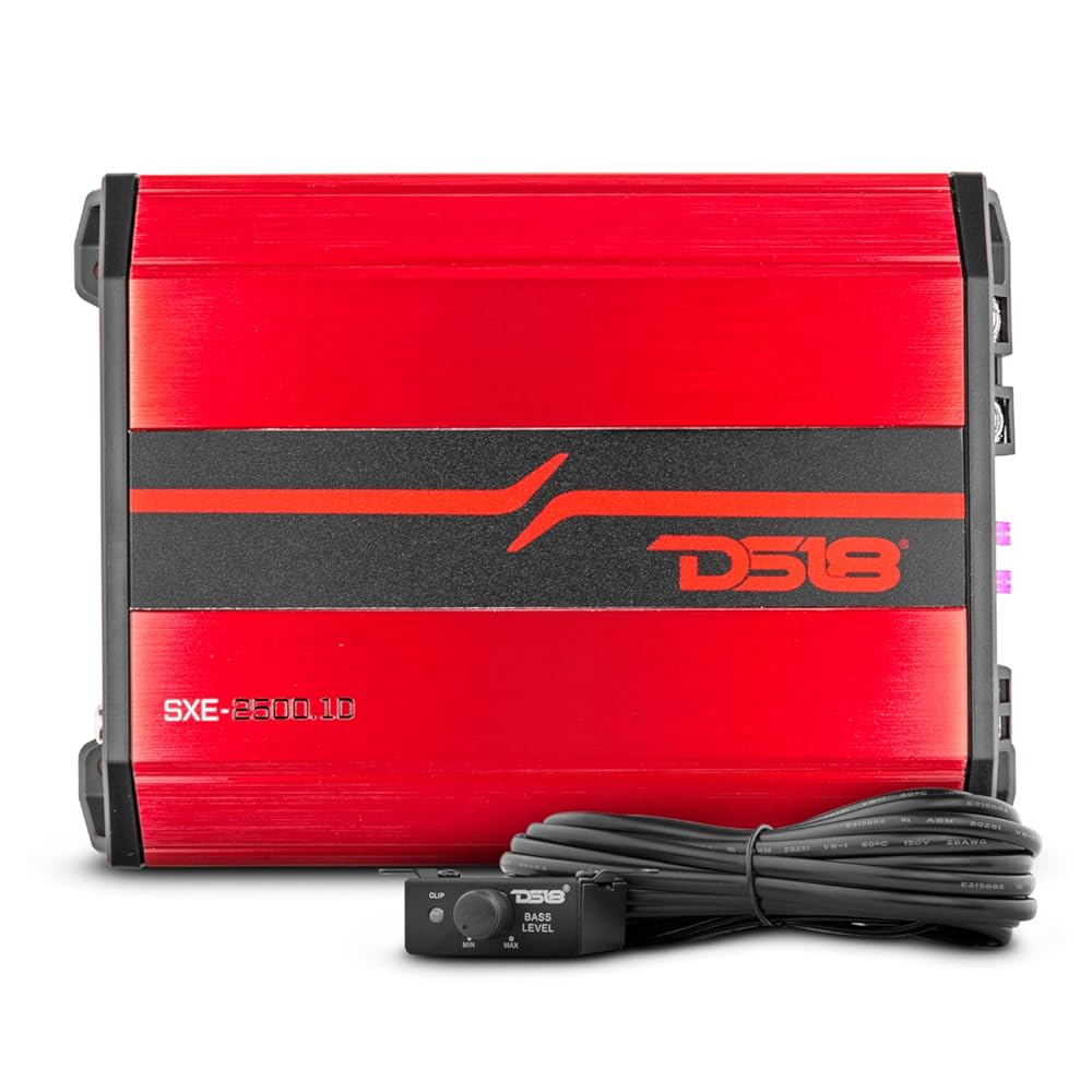 DS18 SXE-2500.1D/RD Car Amplifier Class D 1-Channel Monoblock Amp 800 x 1 RMS @1 Ohm 2500 Watts - Powerful and Compact Amp for Speakers in Car Audio System