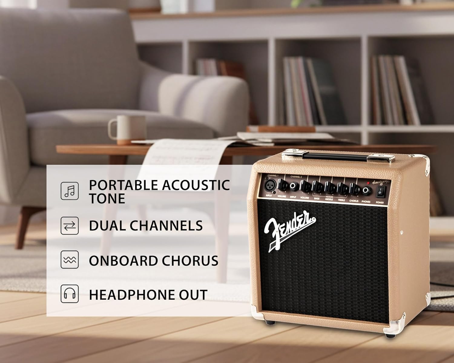 Fender Acoustasonic 15 Acoustic Guitar Amplifier Bundle with Instrument Cable, Picks, and Austin Bazaar Polishing Cloth