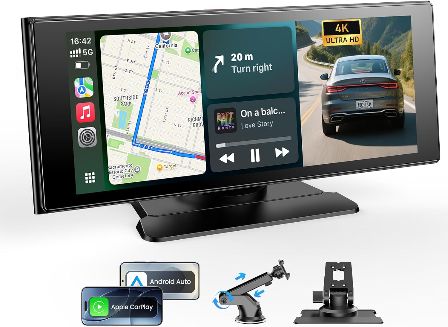 WonVon Wireless Car Play Screen, 10.26'' Monitor with Apple Carplay & Android Auto, 4K Portable Smart Touch Tablet Stereo Multimedia Dashboard, Bluetooth/FM/GPS/AUX