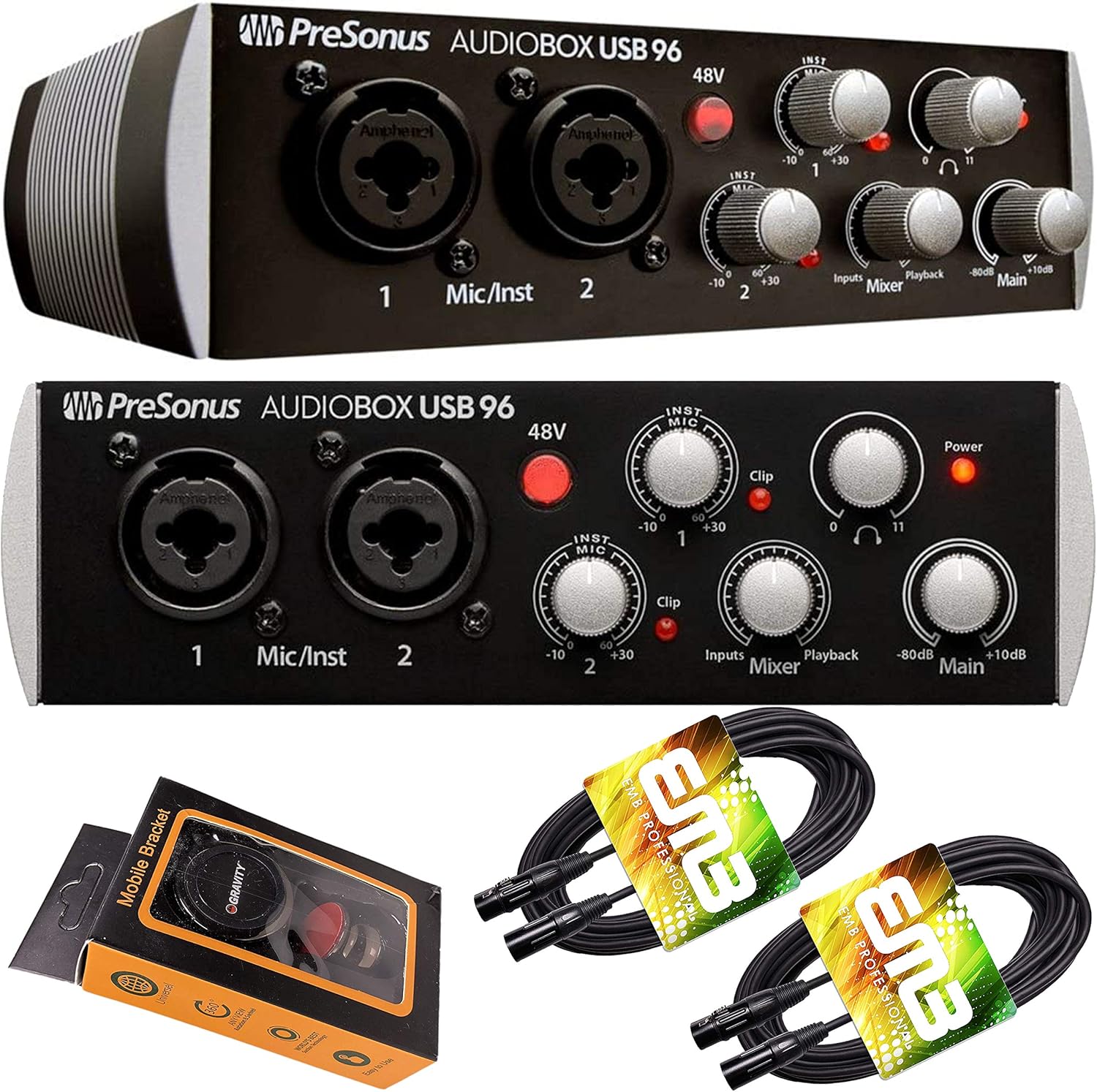 PreSonus AudioBox USB 96 Digital Audio Interface (Black) 96 kHz converters with USB Bus-Powered interface's Class A MIC/LINE/Instruments Preamps with Gravity Phone Holder and Pair XLR Cable Bundle