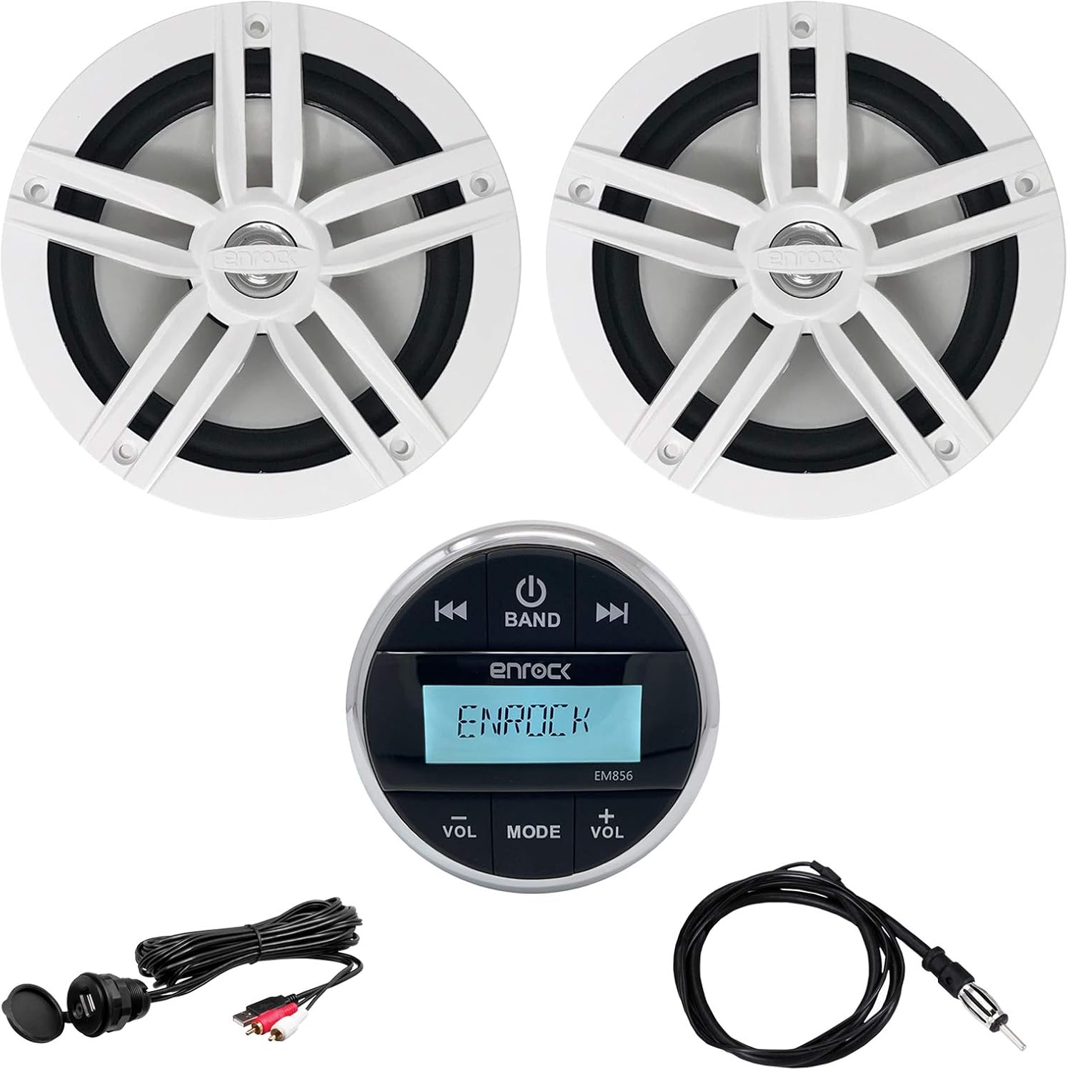 Enrock Gauge Style Media Center Marine Grade Bluetooth Receiver, 2 x Enrock 2-Way High-Performance 6.5