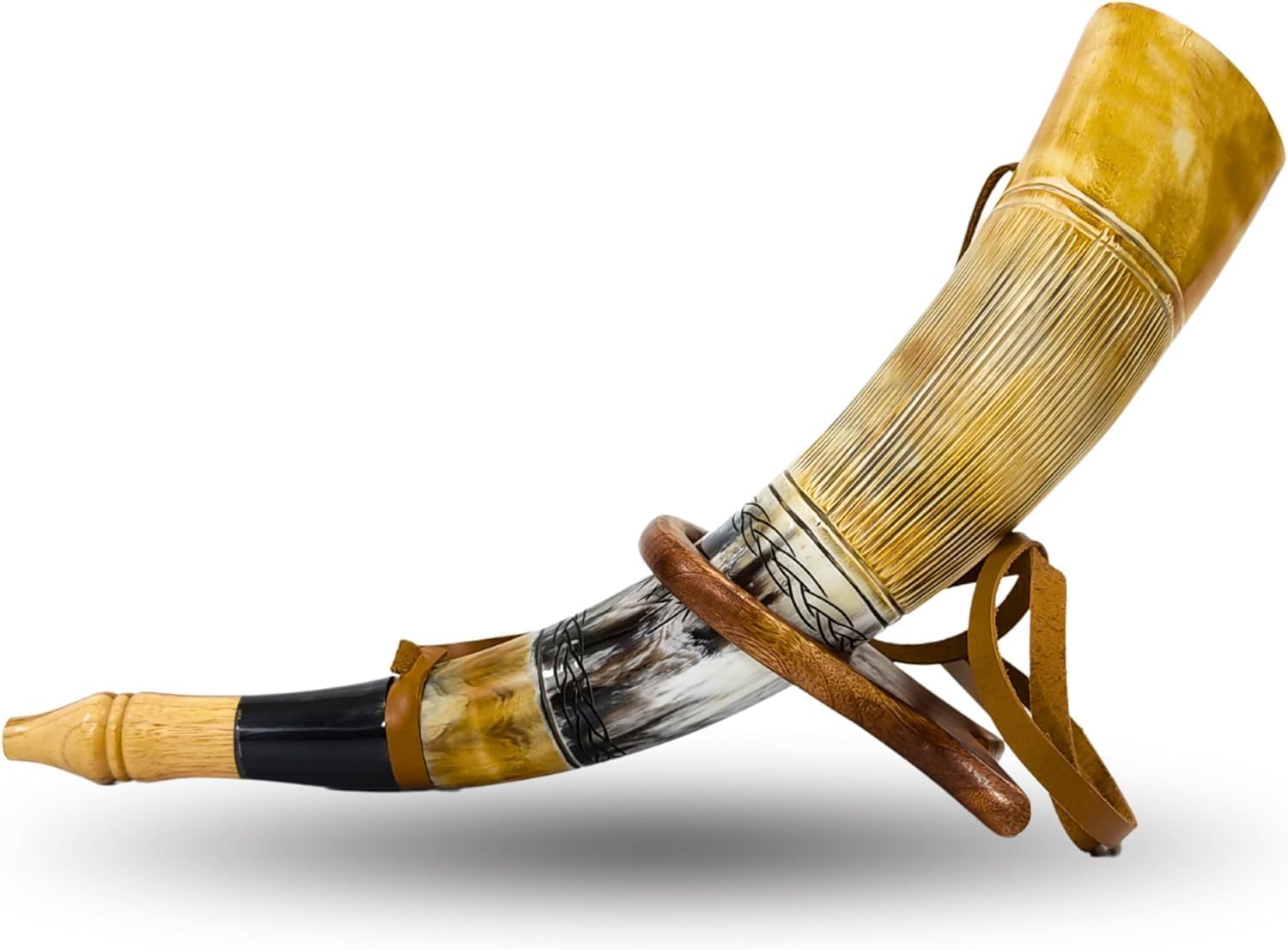 Viking Blow Horn | Genuine Ox Horn Trumpet | Viking Bugle Hunting tool with Wooden Stand | Ideal for Medieval Battle & Norse Gathering Fans | Handcrafted Antique Unique Gift for Men - 16