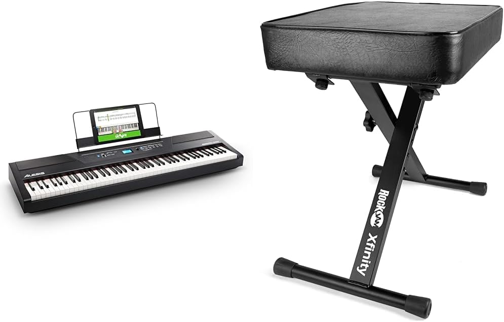 Alesis Recital Pro - 88 Key Digital Piano Keyboard with Hammer Action Weighted Keys & RockJam KB100 Adjustable Padded Keyboard Bench, X-Style, Black