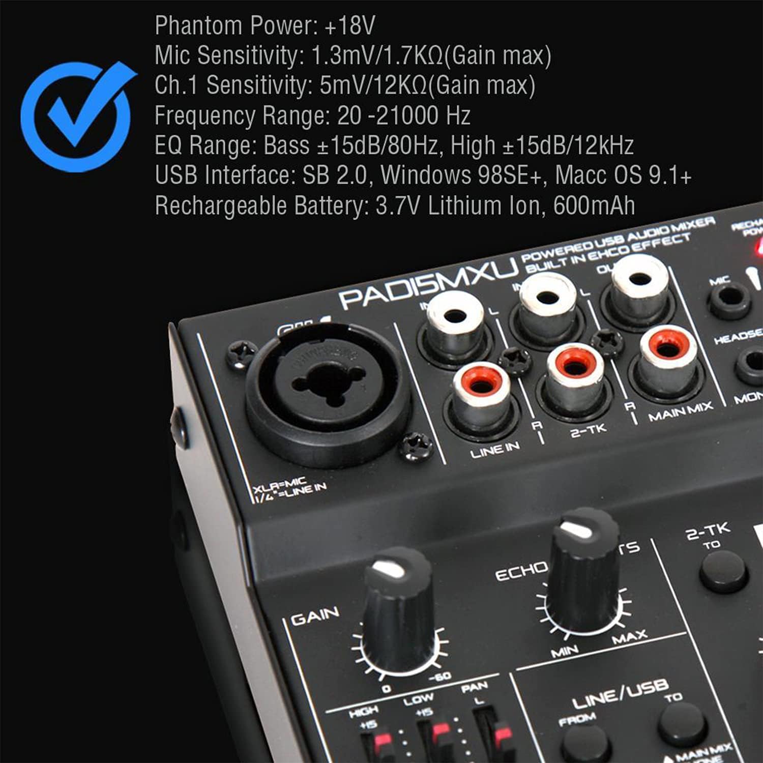 Pyle 3 Channel DJ Controller - USB Mixer Sound Audio Recording Interface with XLR & 3.5 mm Microphone Jack, Line In RCA, Rechargeable Battery, Mix Monitoring, For Professional/ Beginners - PAD15MXU