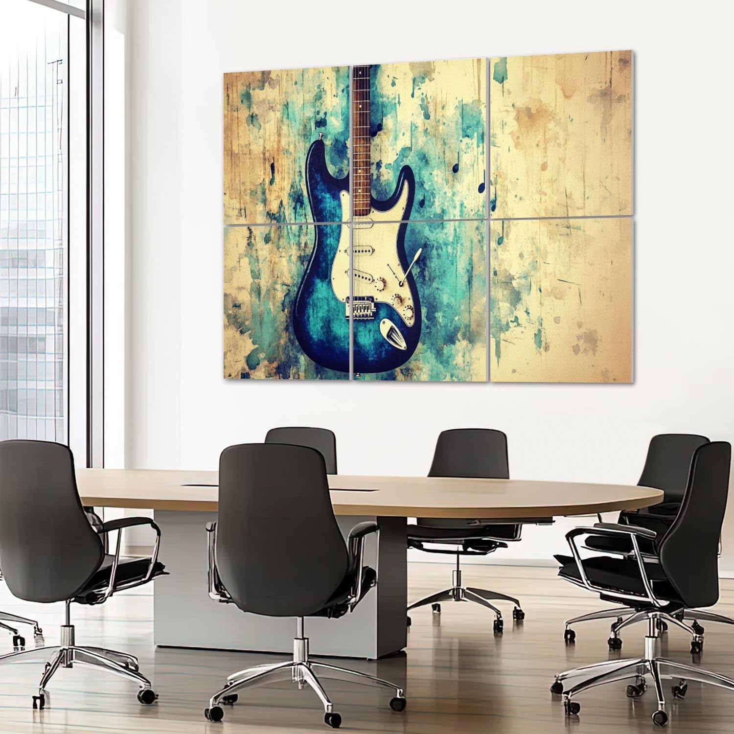 6 Pack Art Acoustic Panels Sound Absorbing Modern Blue Guitar Musical Themed Electric Hues Paint Splatter Notes Decorative Soundproof Wall Panels Self Adhesive for Recording Studios Office 72